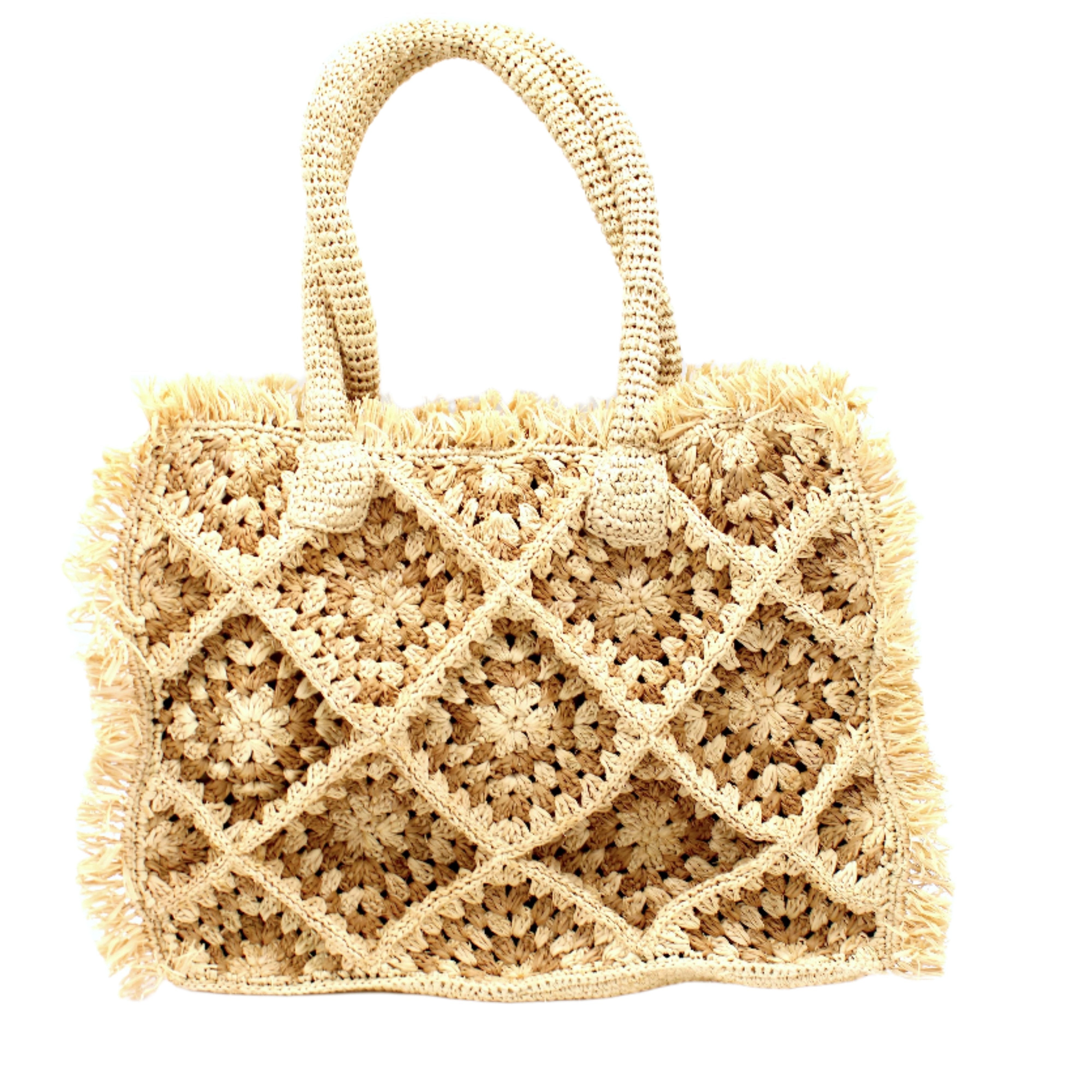 Leo Crochet Granny Square Pattern Handbag with Fringe Edge handmade woven raffia palm fiber in a two tone cappuccino light/brown/beige and natural straw color multicolor pattern of woven granny squares oriented on the diagonal with natural raw fringe edging and handles basket bag - Shebobo