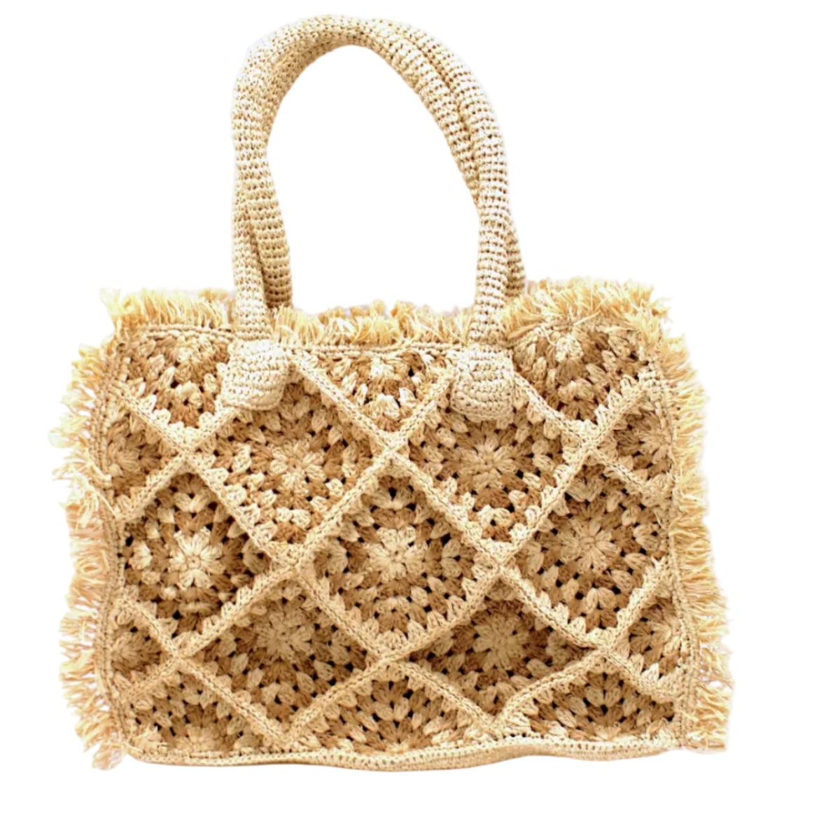 Leo Crochet Granny Square Pattern Handbag with Fringe Edge handmade woven raffia palm fiber in a two tone cappuccino light/brown/beige and natural straw color multicolor pattern of woven granny squares oriented on the diagonal with natural raw fringe edging and handles basket bag - Shebobo