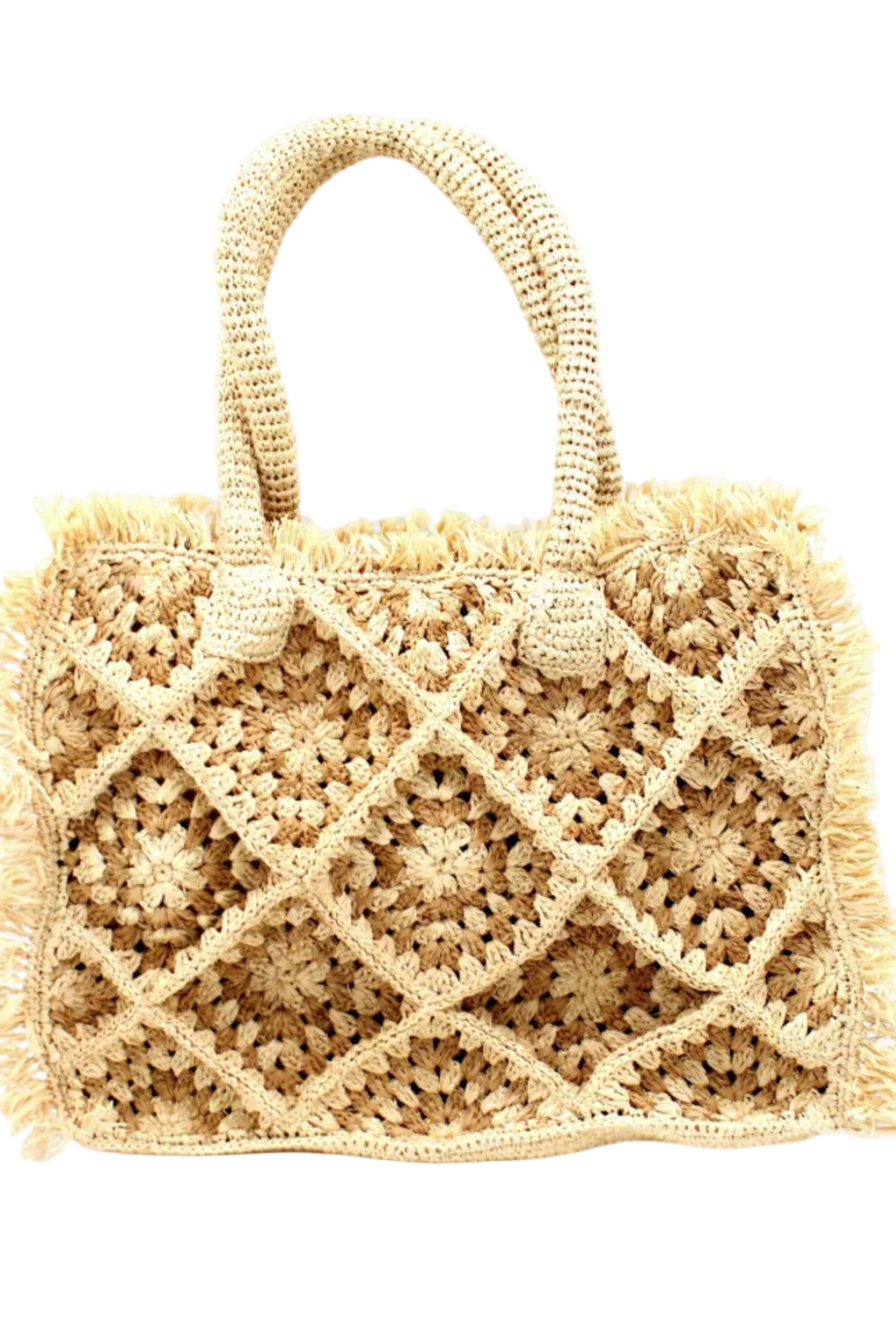 Leo Crochet Granny Square Pattern Handbag with Fringe Edge handmade woven raffia palm fiber in a two tone cappuccino light/brown/beige and natural straw color multicolor pattern of woven granny squares oriented on the diagonal with natural raw fringe edging and handles basket bag - Shebobo