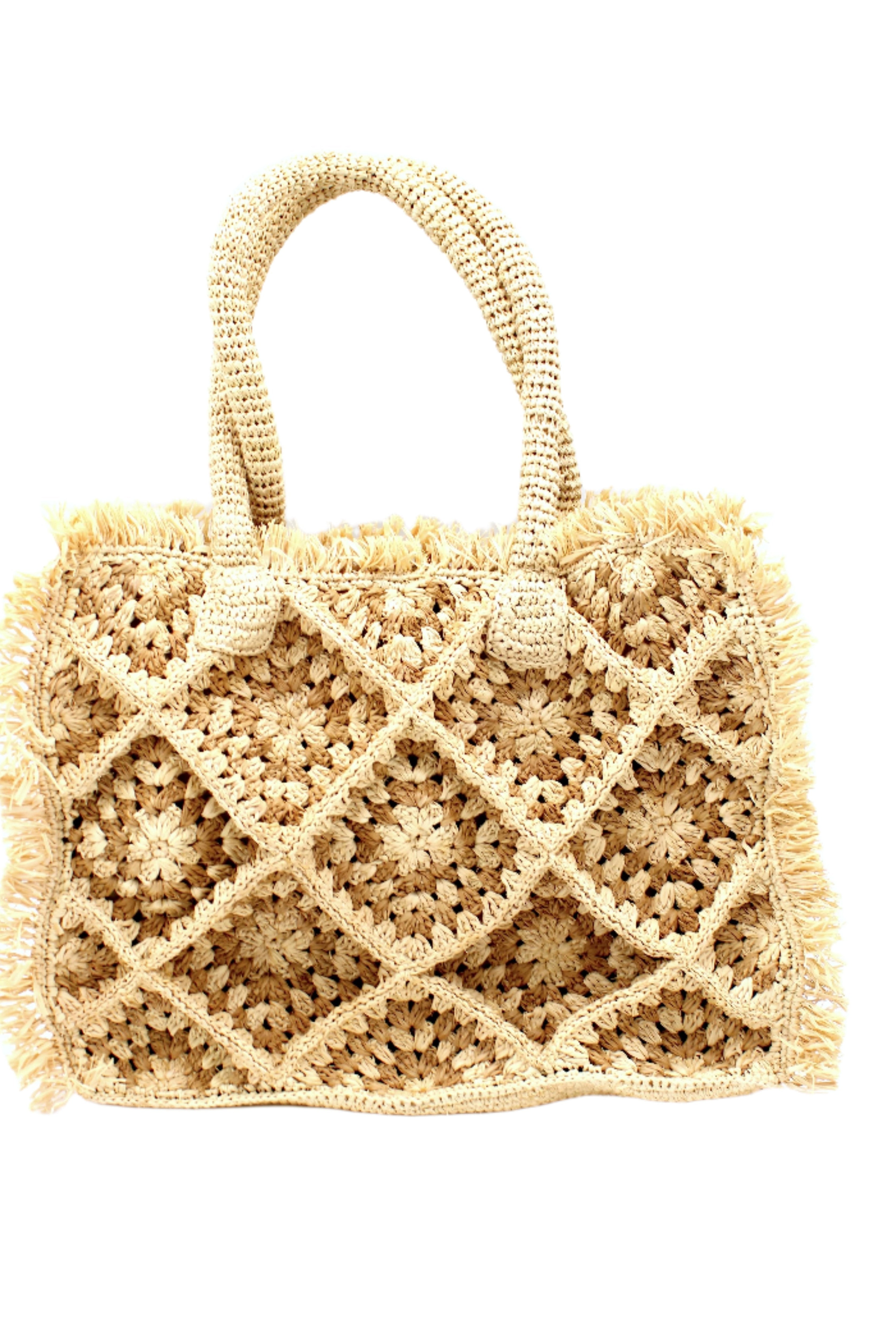 Leo Crochet Granny Square Pattern Handbag with Fringe Edge handmade woven raffia palm fiber in a two tone cappuccino light/brown/beige and natural straw color multicolor pattern of woven granny squares oriented on the diagonal with natural raw fringe edging and handles basket bag - Shebobo