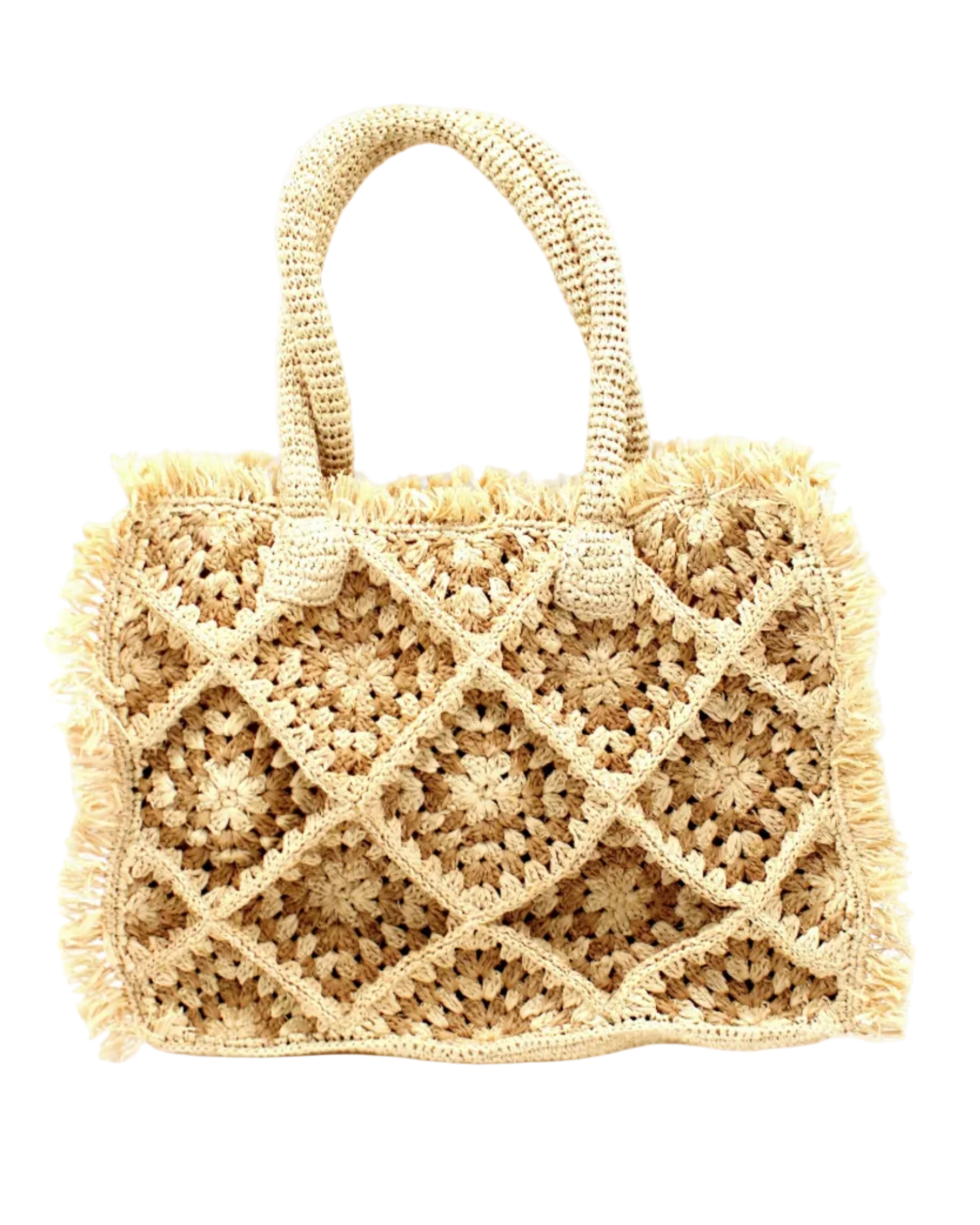 Leo Crochet Granny Square Pattern Handbag with Fringe Edge handmade woven raffia palm fiber in a two tone cappuccino light/brown/beige and natural straw color multicolor pattern of woven granny squares oriented on the diagonal with natural raw fringe edging and handles basket bag - Shebobo