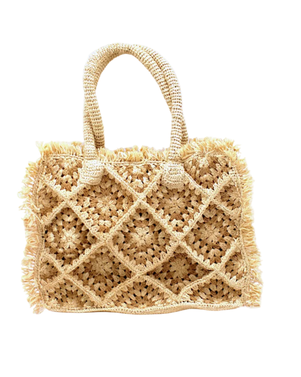 Leo Crochet Granny Square Pattern Handbag with Fringe Edge handmade woven raffia palm fiber in a two tone cappuccino light/brown/beige and natural straw color multicolor pattern of woven granny squares oriented on the diagonal with natural raw fringe edging and handles basket bag - Shebobo