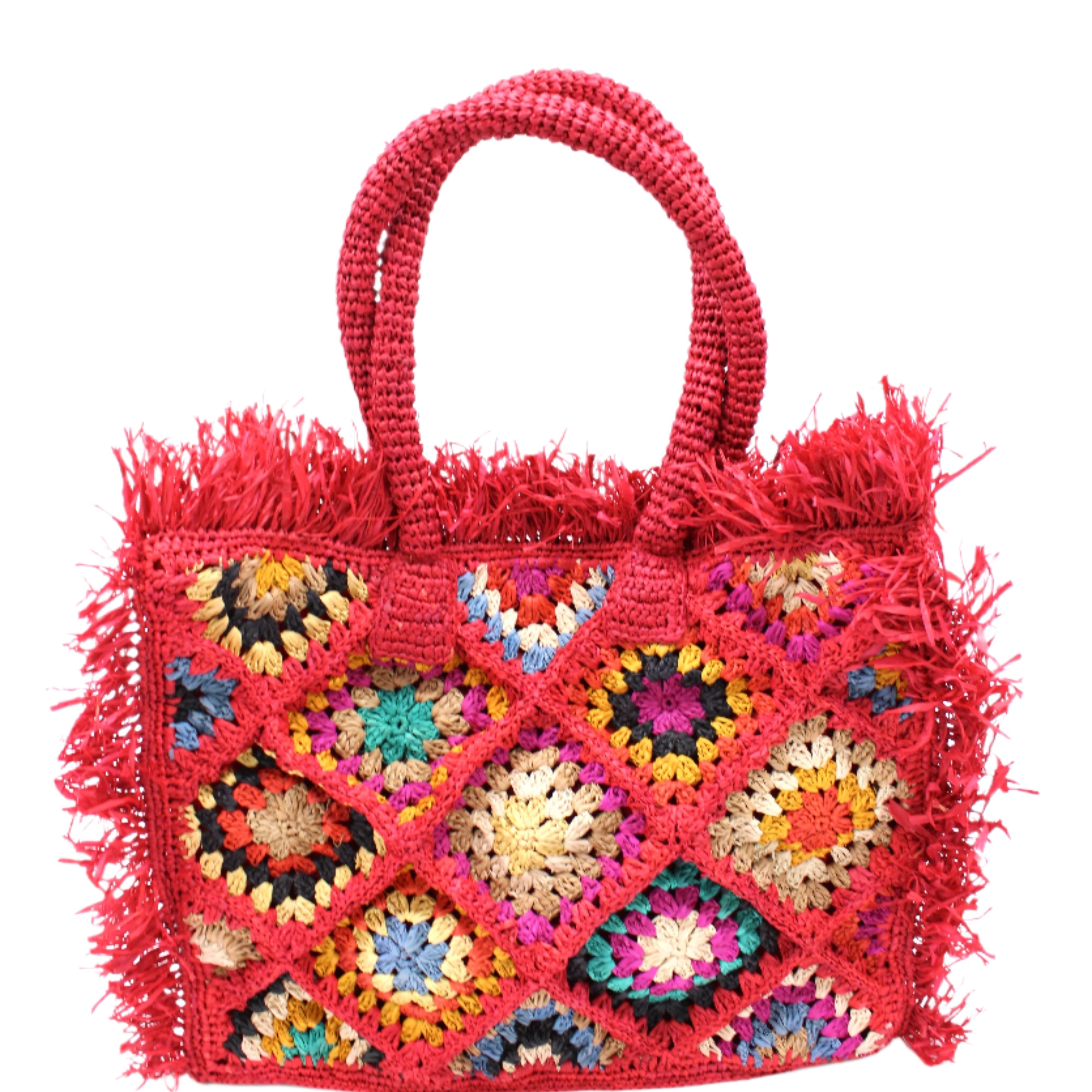 Leo Crochet Granny Square Pattern Handbag with Fringe Edge handmade woven raffia palm fiber in a red, cappuccino light brown, seafoam green, blue, coral red/orange, yellow, lime green, pink, black, natural straw color, etc. multicolor pattern of woven granny squares oriented on the diagonal with natural raw fringe edging and handles basket bag - Shebobo