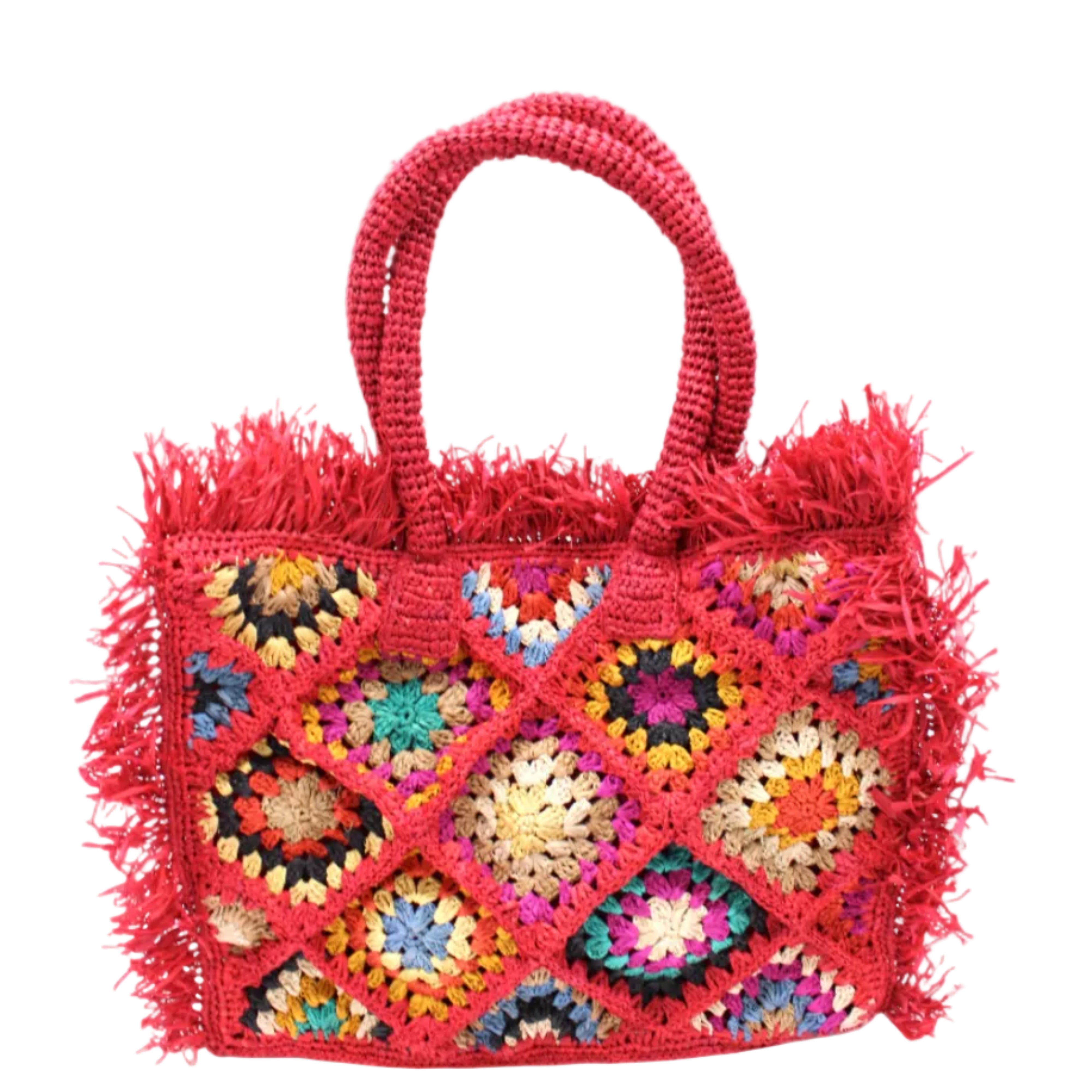 Leo Crochet Granny Square Pattern Handbag with Fringe Edge handmade woven raffia palm fiber in a red, cappuccino light brown, seafoam green, blue, coral red/orange, yellow, lime green, pink, black, natural straw color, etc. multicolor pattern of woven granny squares oriented on the diagonal with natural raw fringe edging and handles basket bag - Shebobo