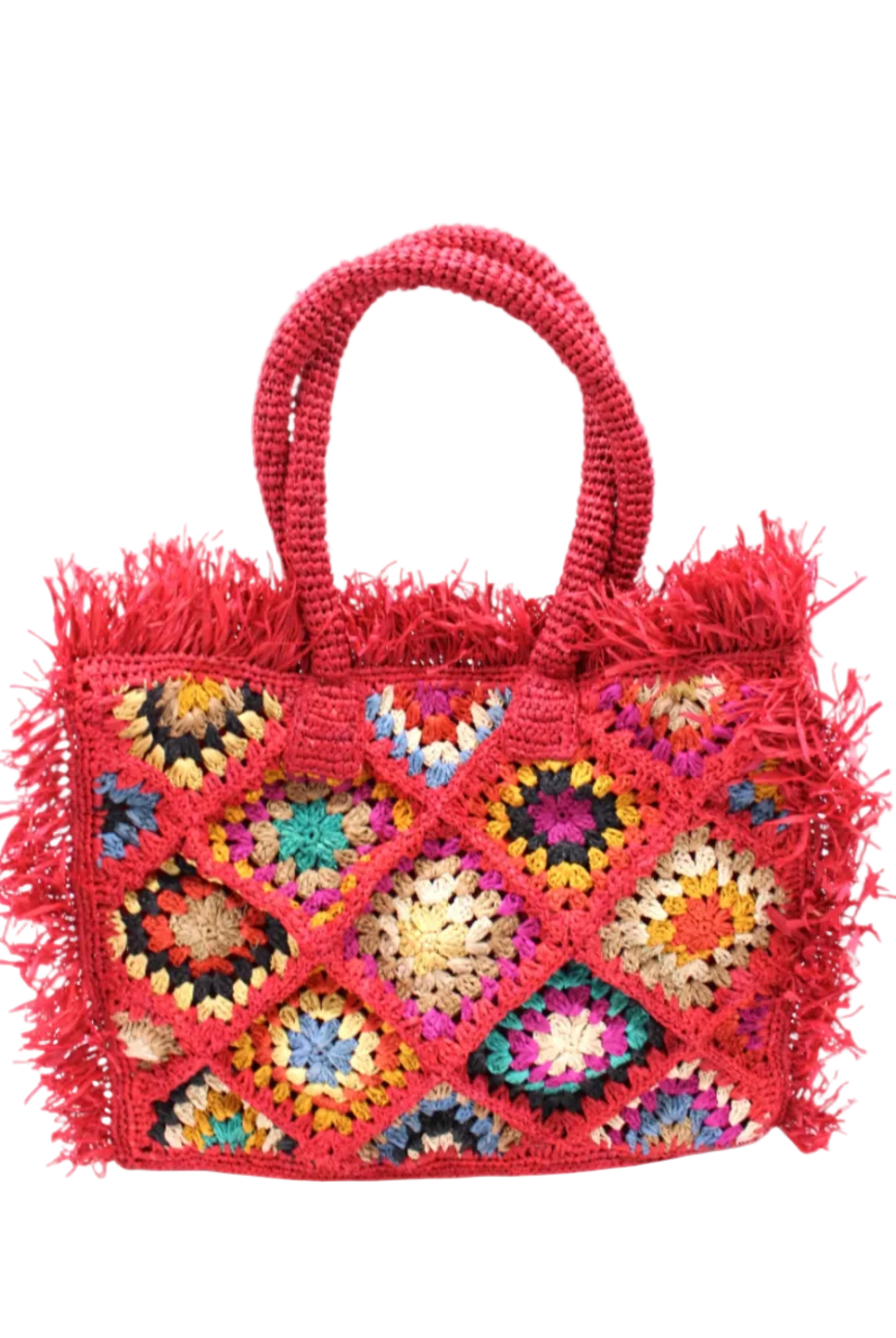 Leo Crochet Granny Square Pattern Handbag with Fringe Edge handmade woven raffia palm fiber in a red, cappuccino light brown, seafoam green, blue, coral red/orange, yellow, lime green, pink, black, natural straw color, etc. multicolor pattern of woven granny squares oriented on the diagonal with natural raw fringe edging and handles basket bag - Shebobo