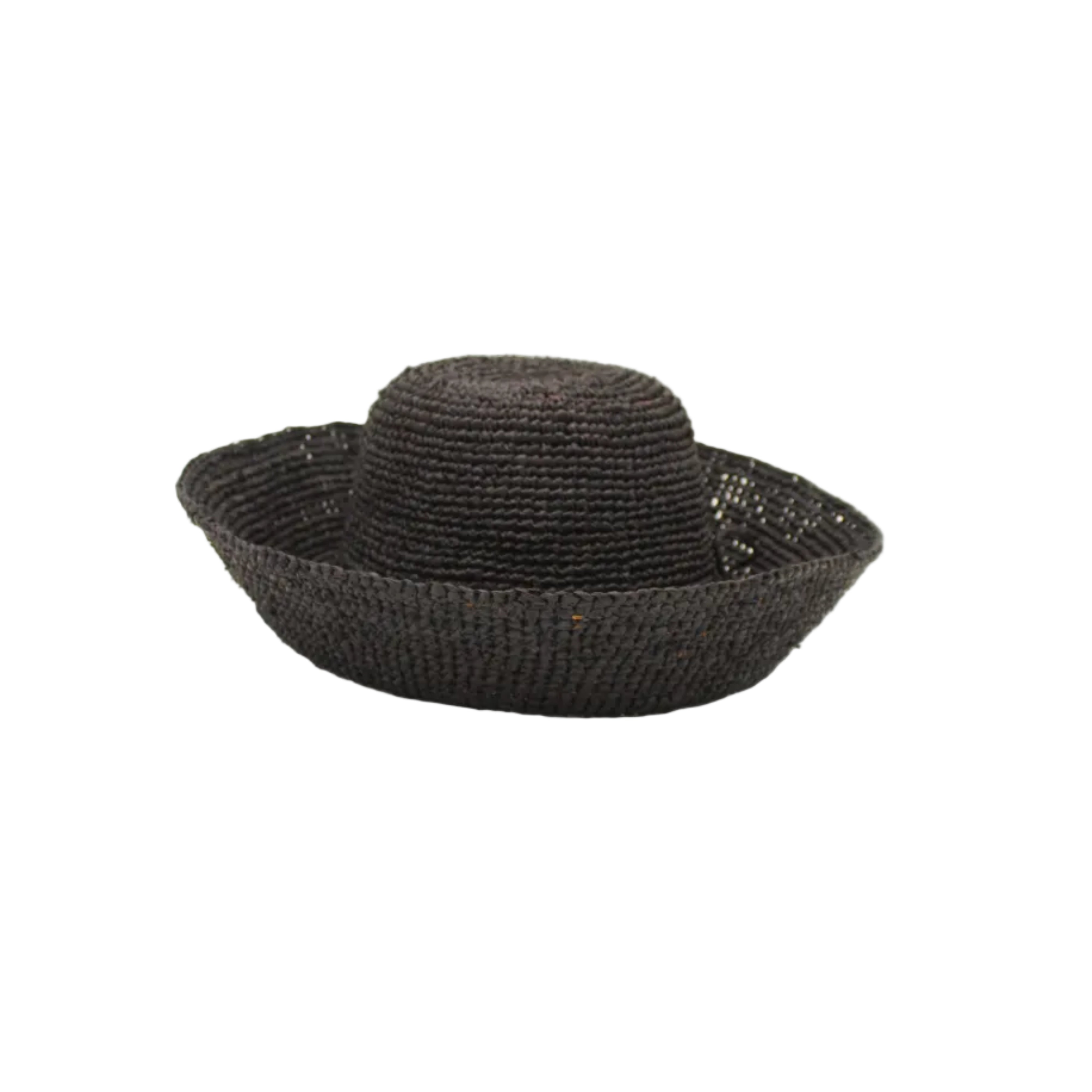 Leor Black crochet straw hat handmade woven natural raffia palm fiber in a solid hue of black raffia 3" brim packable straw hat with matching adjustable braided hat band - Shebobo