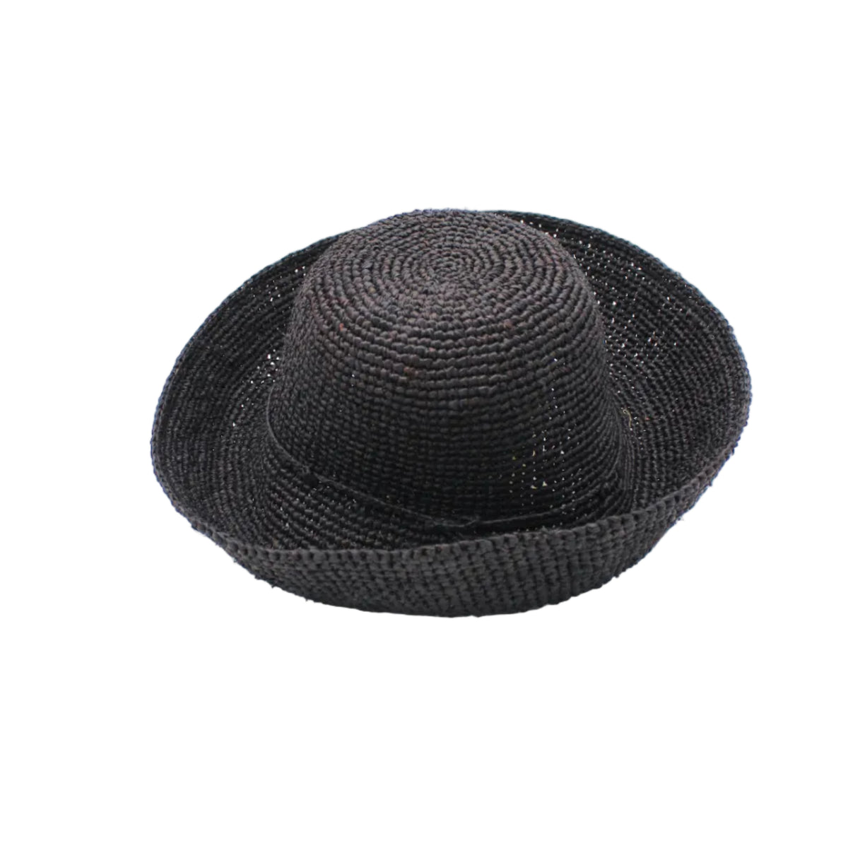 Leor Black crochet straw hat handmade woven natural raffia palm fiber in a solid hue of black raffia 3" brim packable straw hat with matching adjustable braided hat band - Shebobo