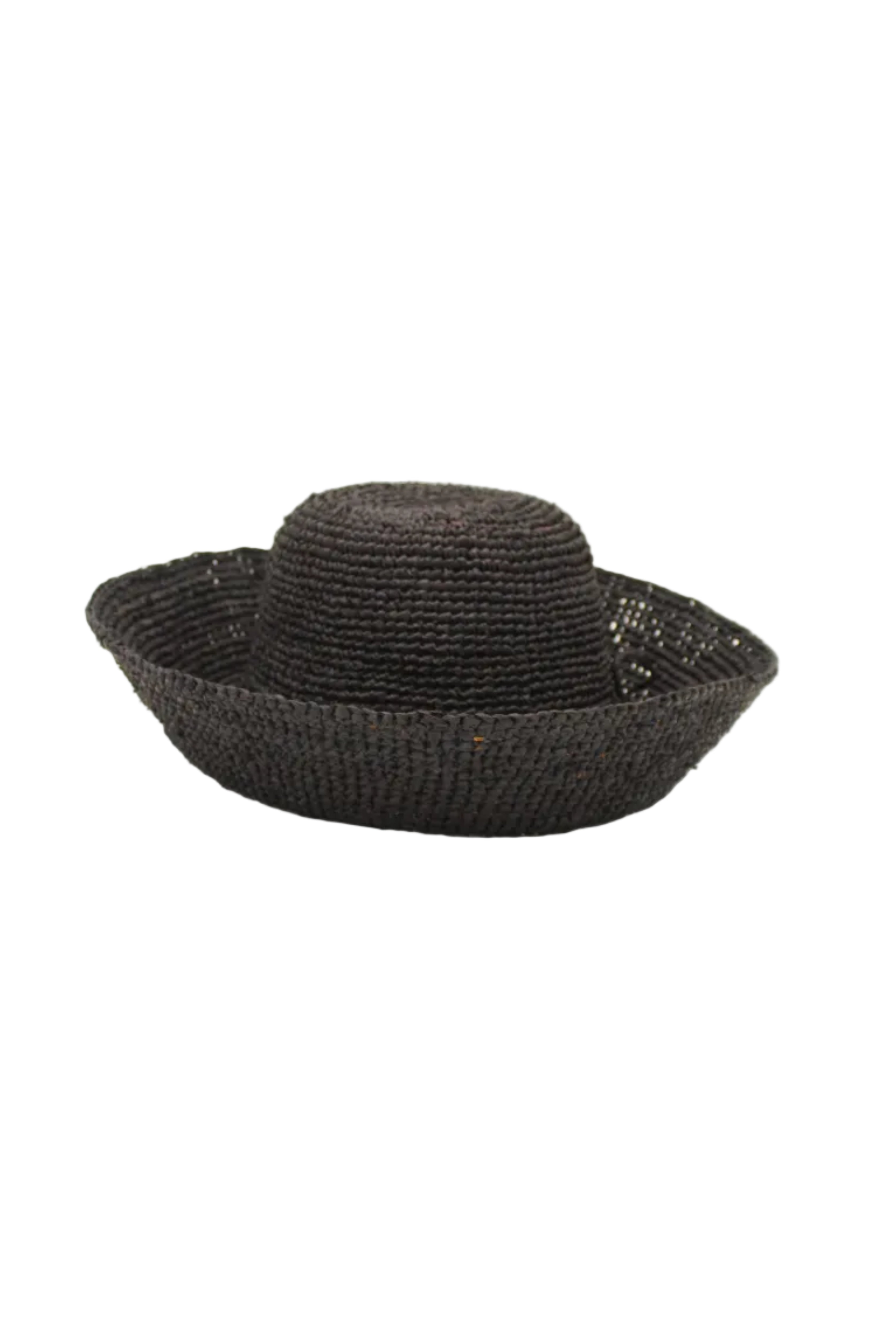 Leor Black crochet straw hat handmade woven natural raffia palm fiber in a solid hue of black raffia 3" brim packable straw hat with matching adjustable braided hat band - Shebobo