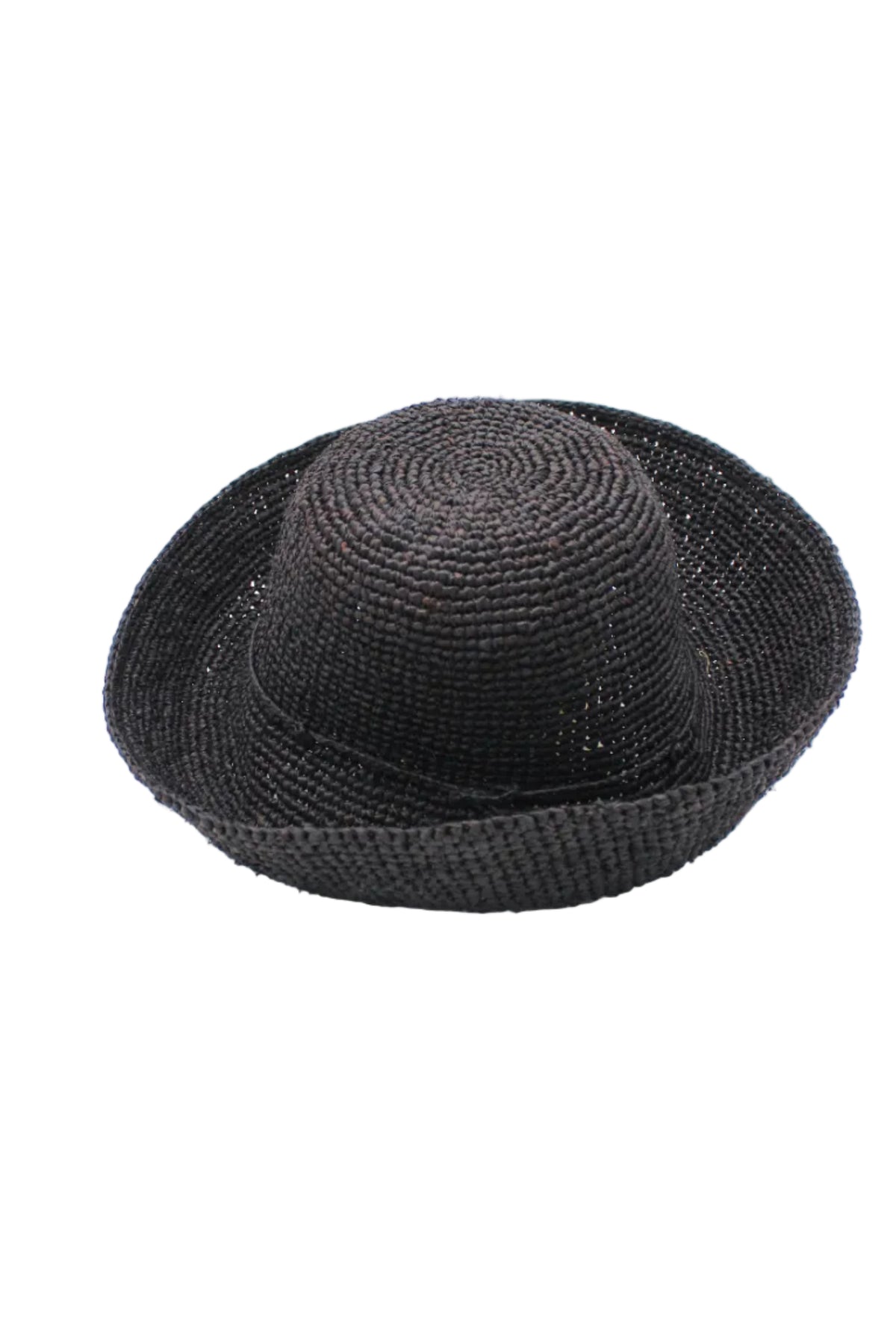 Leor Black crochet straw hat handmade woven natural raffia palm fiber in a solid hue of black raffia 3" brim packable straw hat with matching adjustable braided hat band - Shebobo