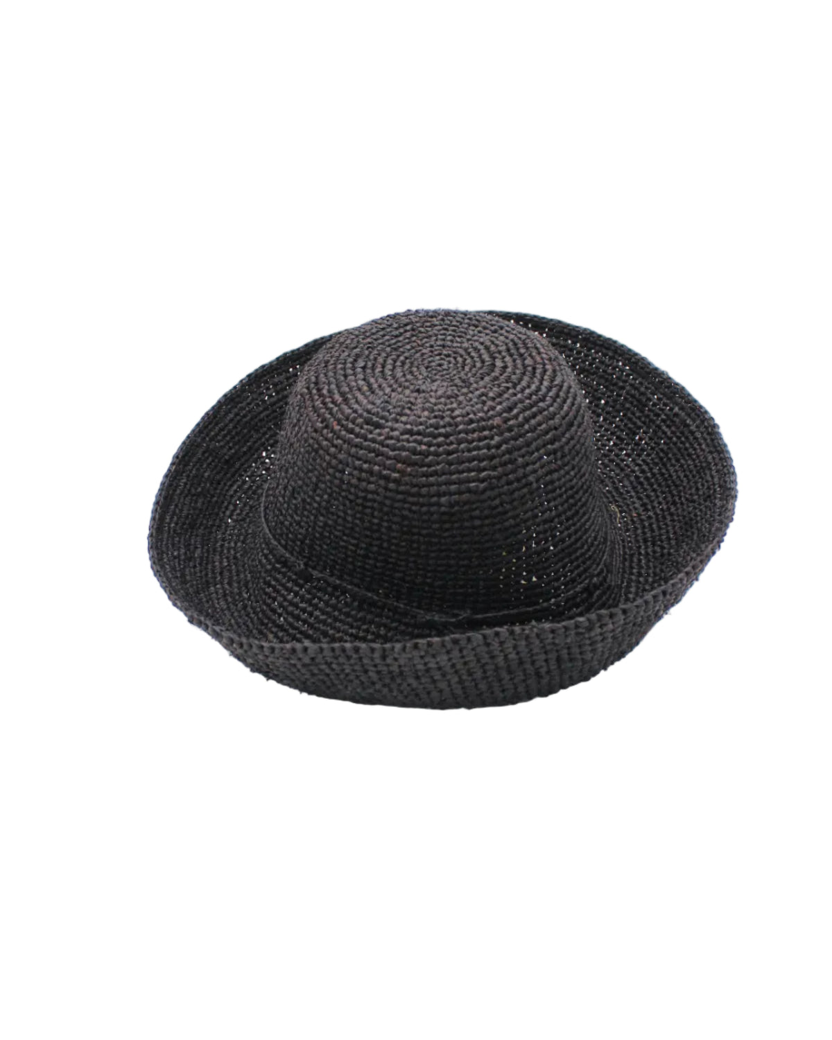Leor Black crochet straw hat handmade woven natural raffia palm fiber in a solid hue of black raffia 3" brim packable straw hat with matching adjustable braided hat band - Shebobo