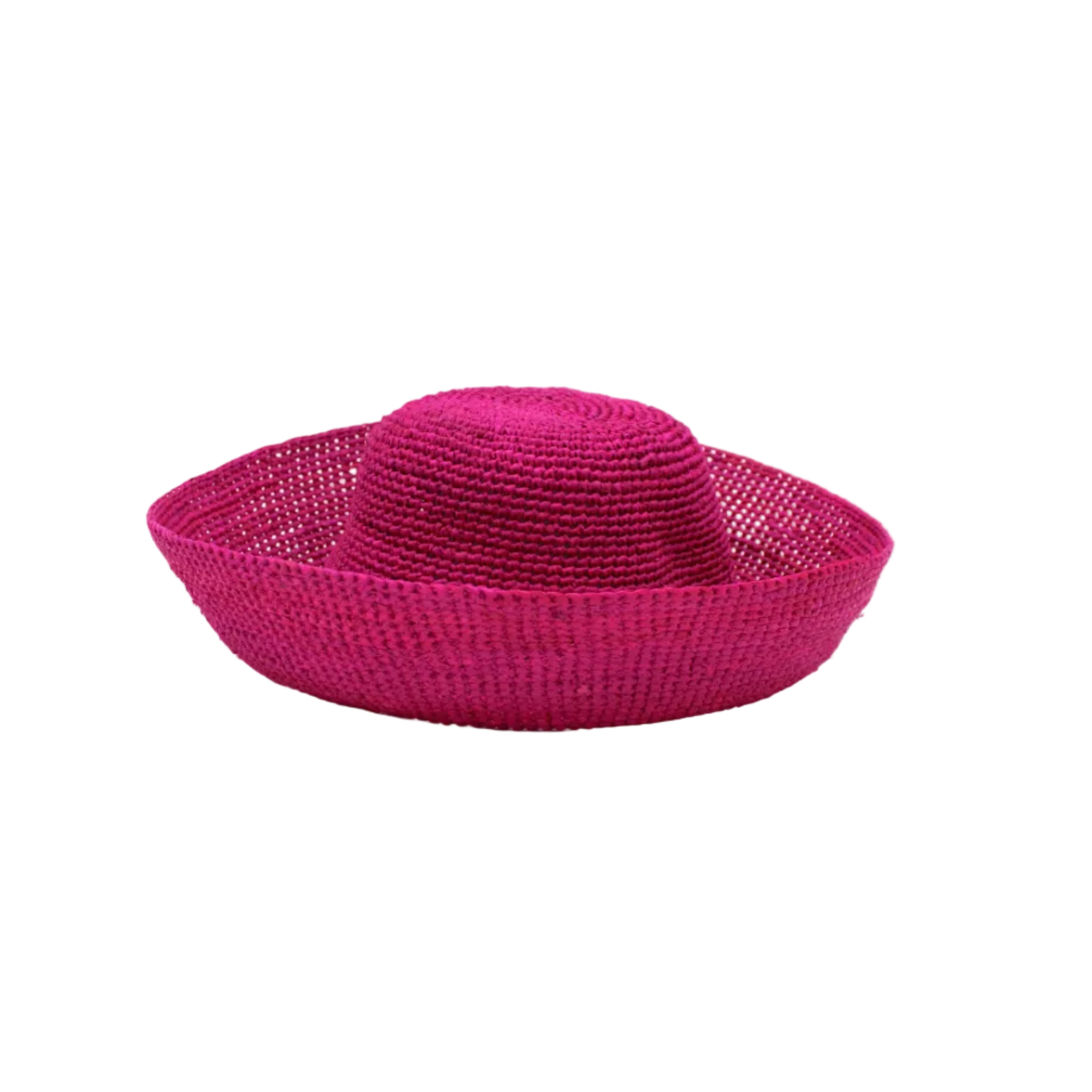 Leor Fuchsia crochet straw hat handmade woven natural raffia palm fiber in a solid hue of fuchsia hot/bright/barbie/pink raffia 3" brim packable straw hat with matching adjustable braided hat band - Shebobo