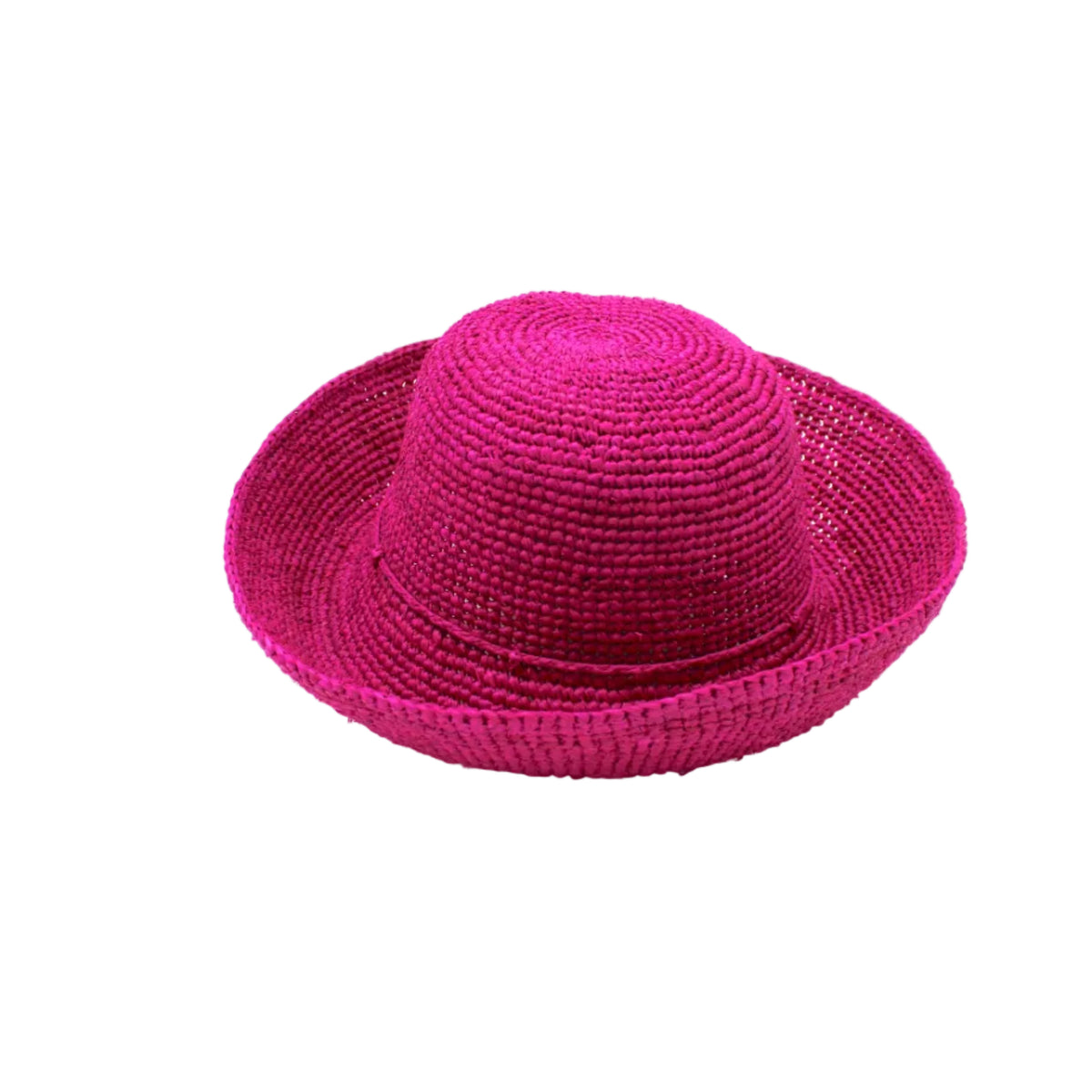 Leor Fuchsia crochet straw hat handmade woven natural raffia palm fiber in a solid hue of fuchsia hot/bright/barbie/pink raffia 3" brim packable straw hat with matching adjustable braided hat band - Shebobo
