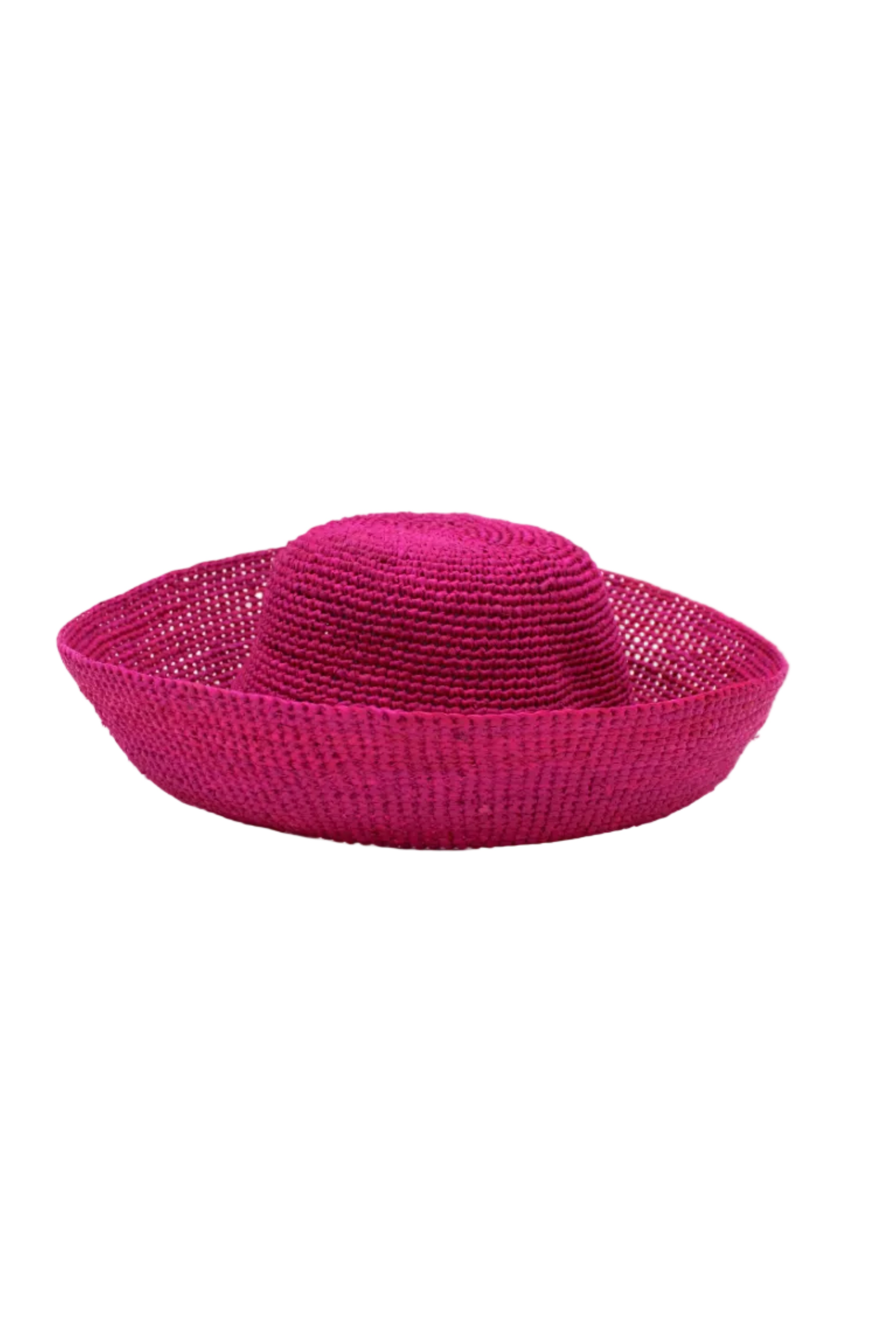 Leor Fuchsia crochet straw hat handmade woven natural raffia palm fiber in a solid hue of fuchsia hot/bright/barbie/pink raffia 3" brim packable straw hat with matching adjustable braided hat band - Shebobo