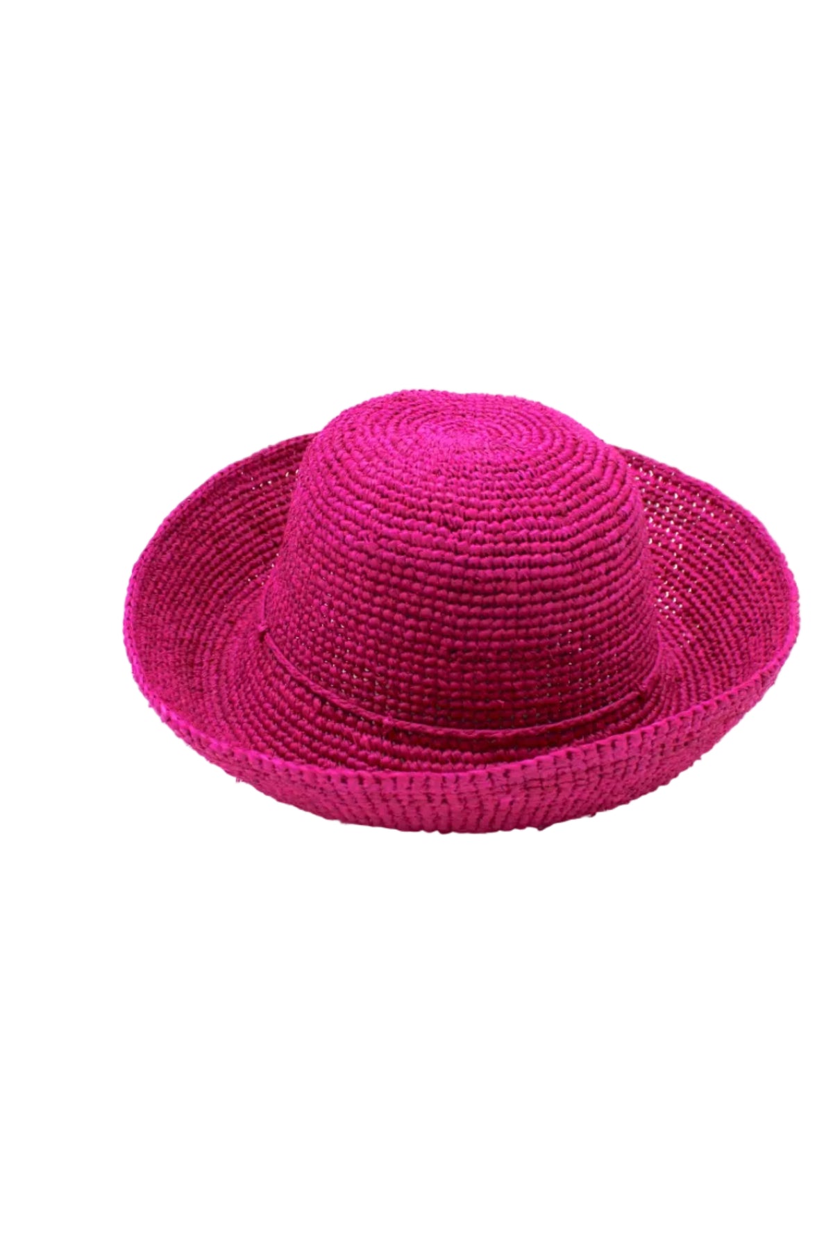 Leor Fuchsia crochet straw hat handmade woven natural raffia palm fiber in a solid hue of fuchsia hot/bright/barbie/pink raffia 3" brim packable straw hat with matching adjustable braided hat band - Shebobo