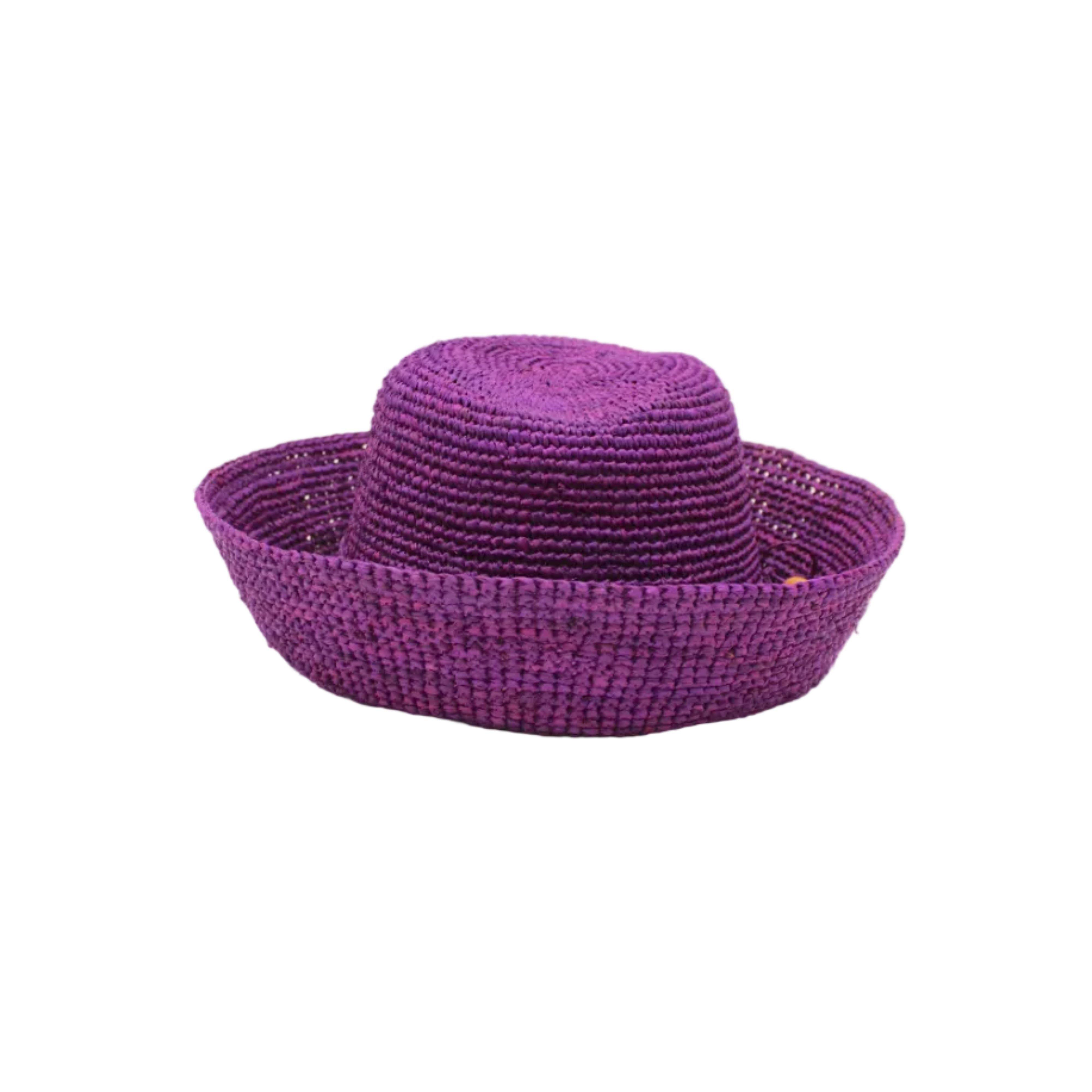 Leor Moxi crochet straw hat handmade woven natural raffia palm fiber in a solid hue of Moxi deep/purple raffia 3" brim packable straw hat with matching adjustable braided hat band - Shebobo