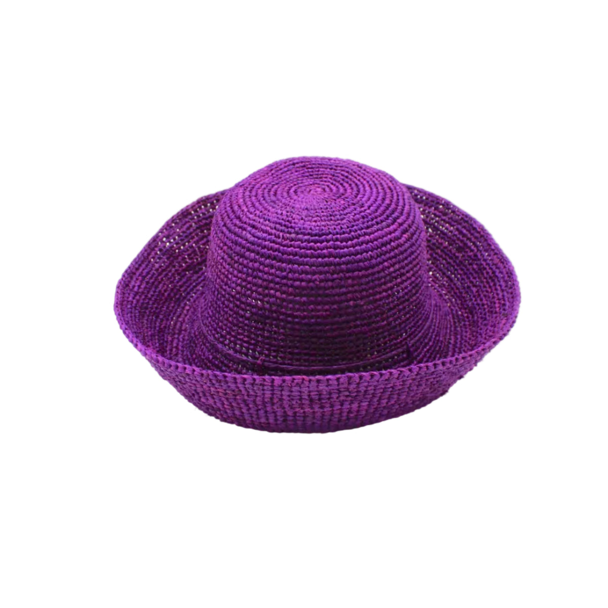 Leor Moxi crochet straw hat handmade woven natural raffia palm fiber in a solid hue of Moxi deep/purple raffia 3" brim packable straw hat with matching adjustable braided hat band - Shebobo