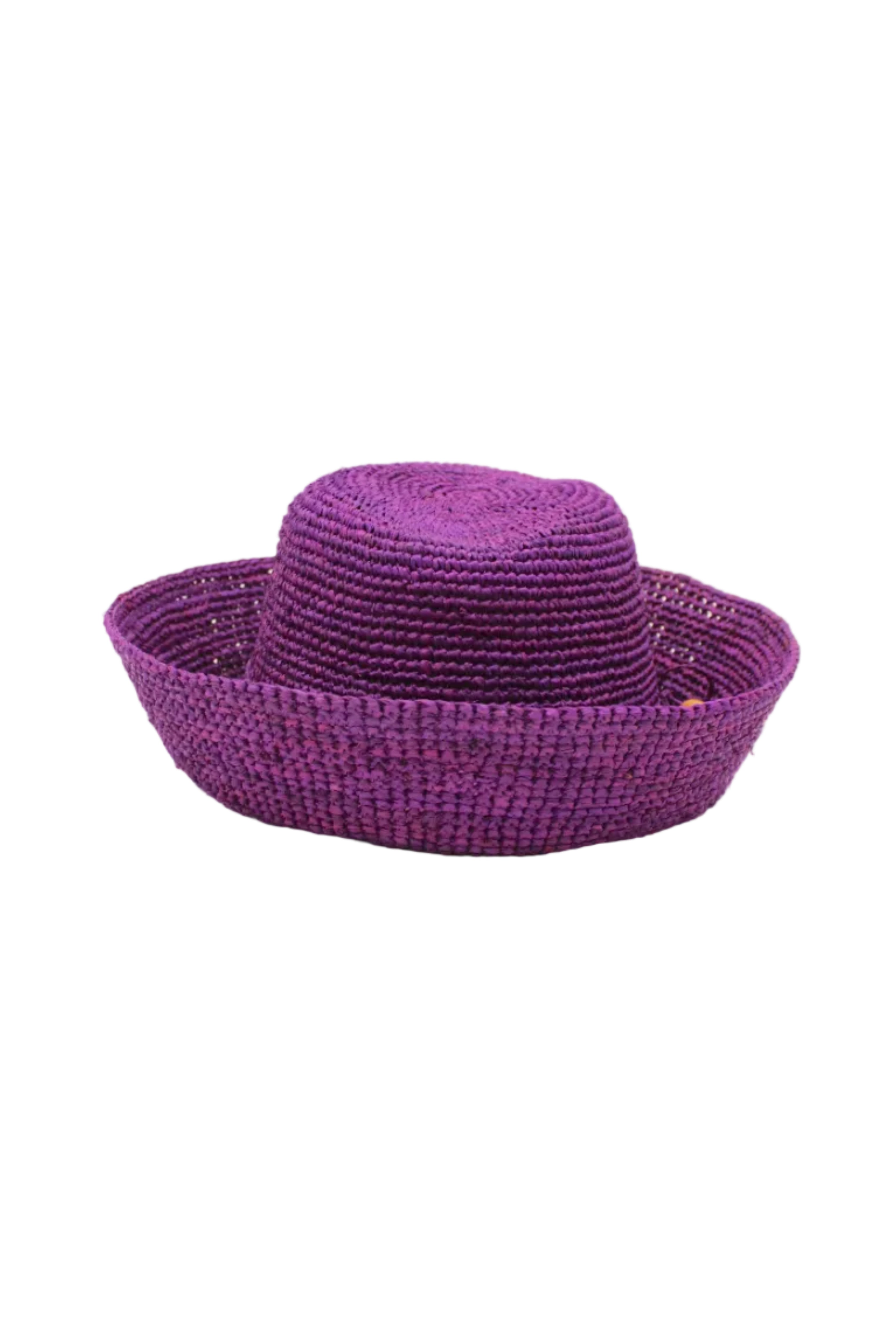 Leor Moxi crochet straw hat handmade woven natural raffia palm fiber in a solid hue of Moxi deep/purple raffia 3" brim packable straw hat with matching adjustable braided hat band - Shebobo