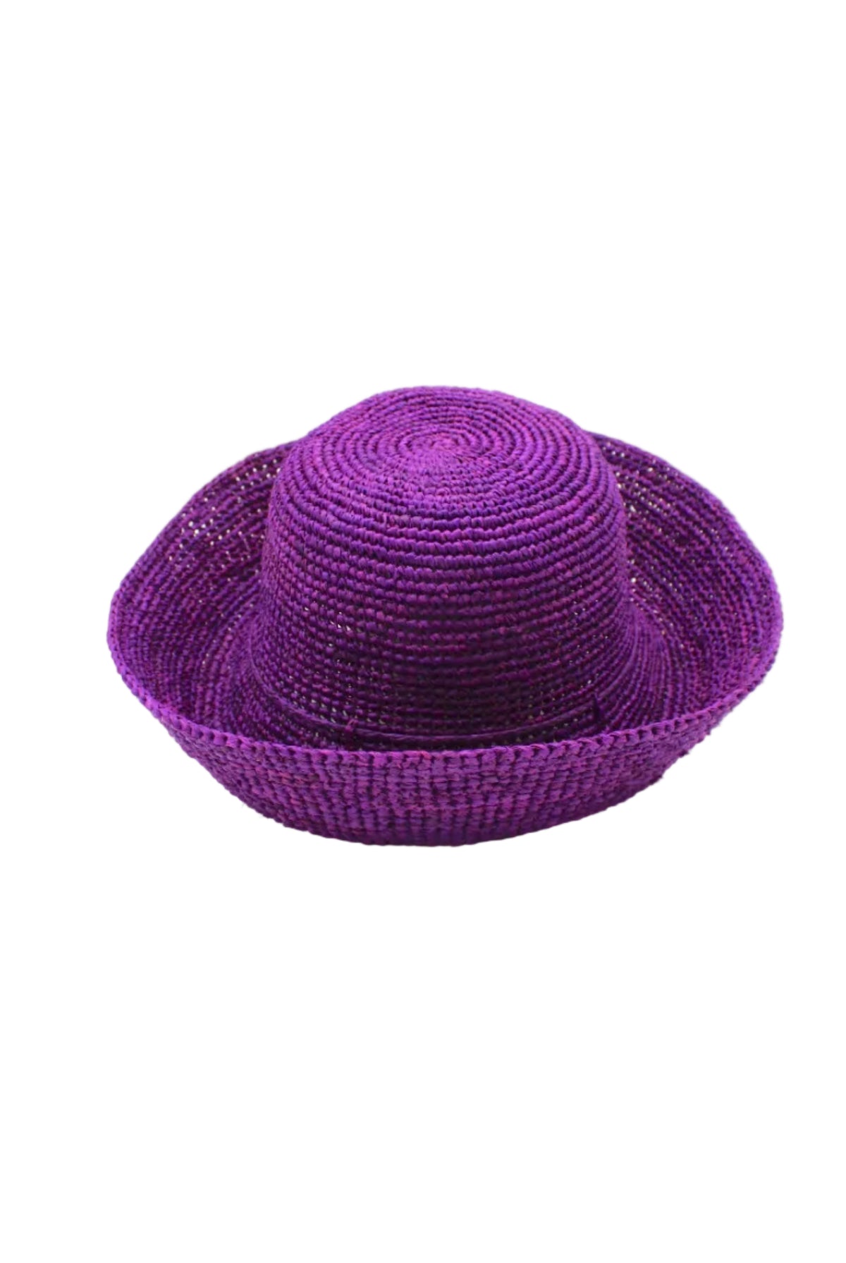 Leor Moxi crochet straw hat handmade woven natural raffia palm fiber in a solid hue of Moxi deep/purple raffia 3" brim packable straw hat with matching adjustable braided hat band - Shebobo