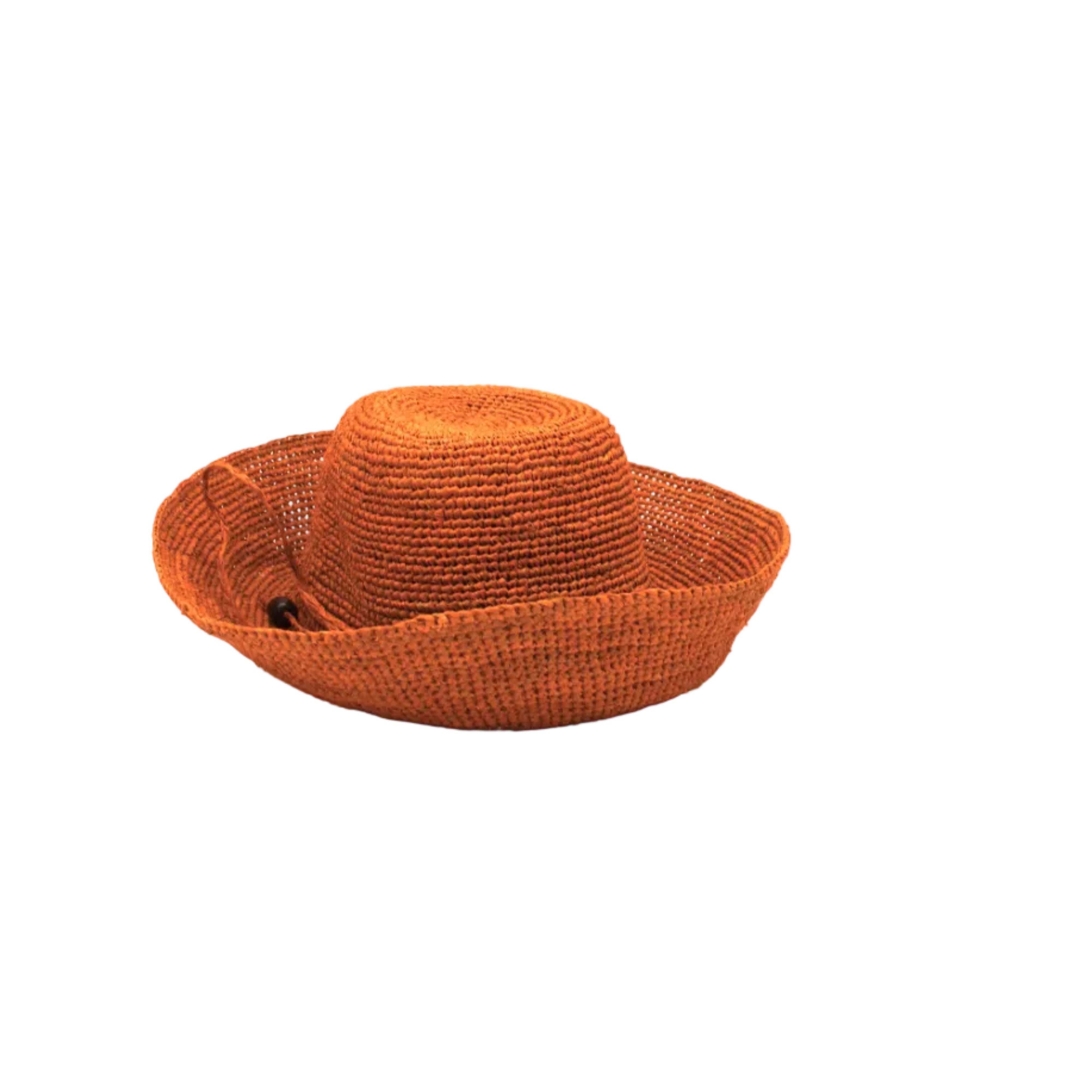 Leor Sunkist crochet straw hat handmade woven natural raffia palm fiber in a solid hue of Sunkist ora raffia 3" brim packable straw hat with matching adjustable braided hat band - Shebobo