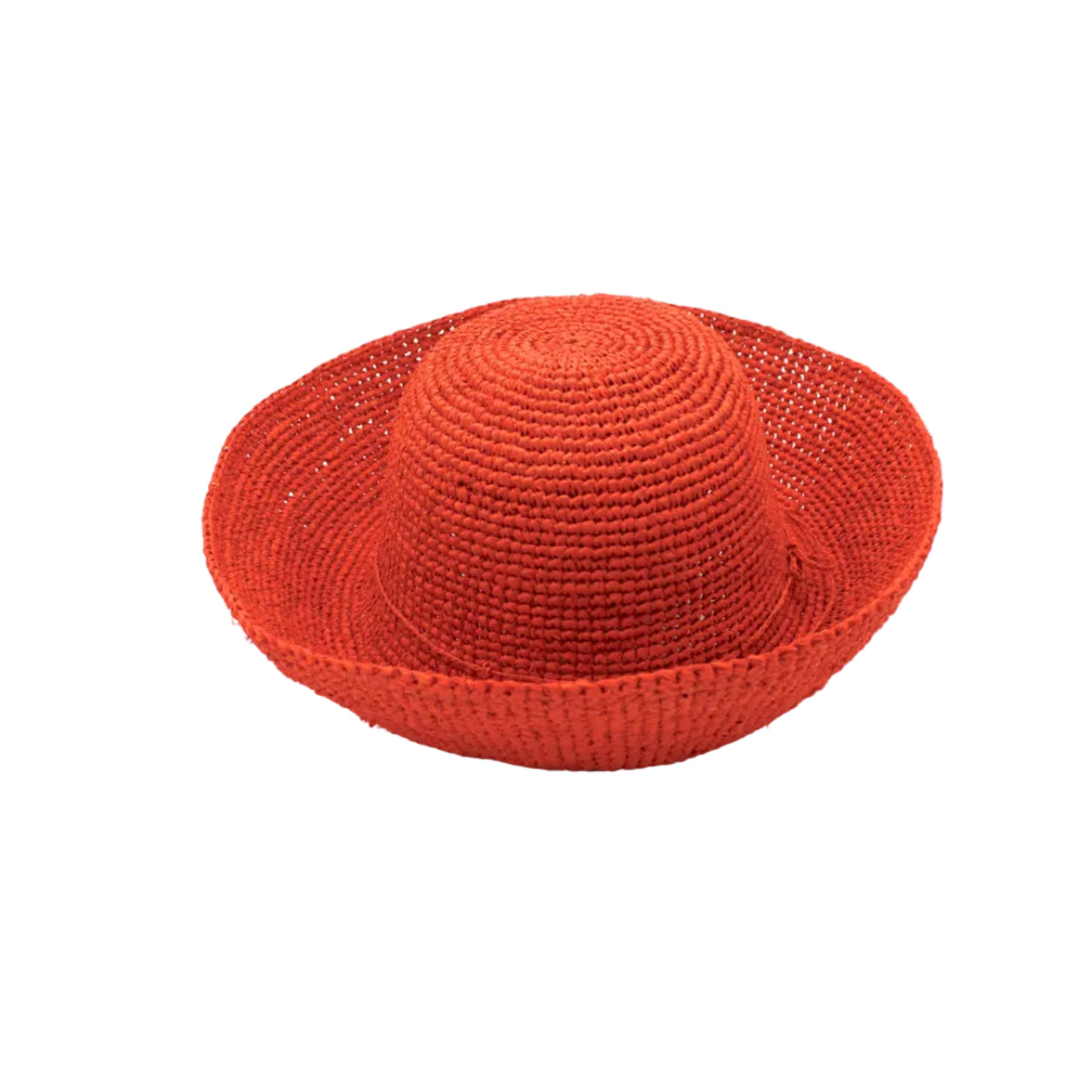 Leor Sunkist crochet straw hat handmade woven natural raffia palm fiber in a solid hue of Sunkist ora raffia 3" brim packable straw hat with matching adjustable braided hat band - Shebobo