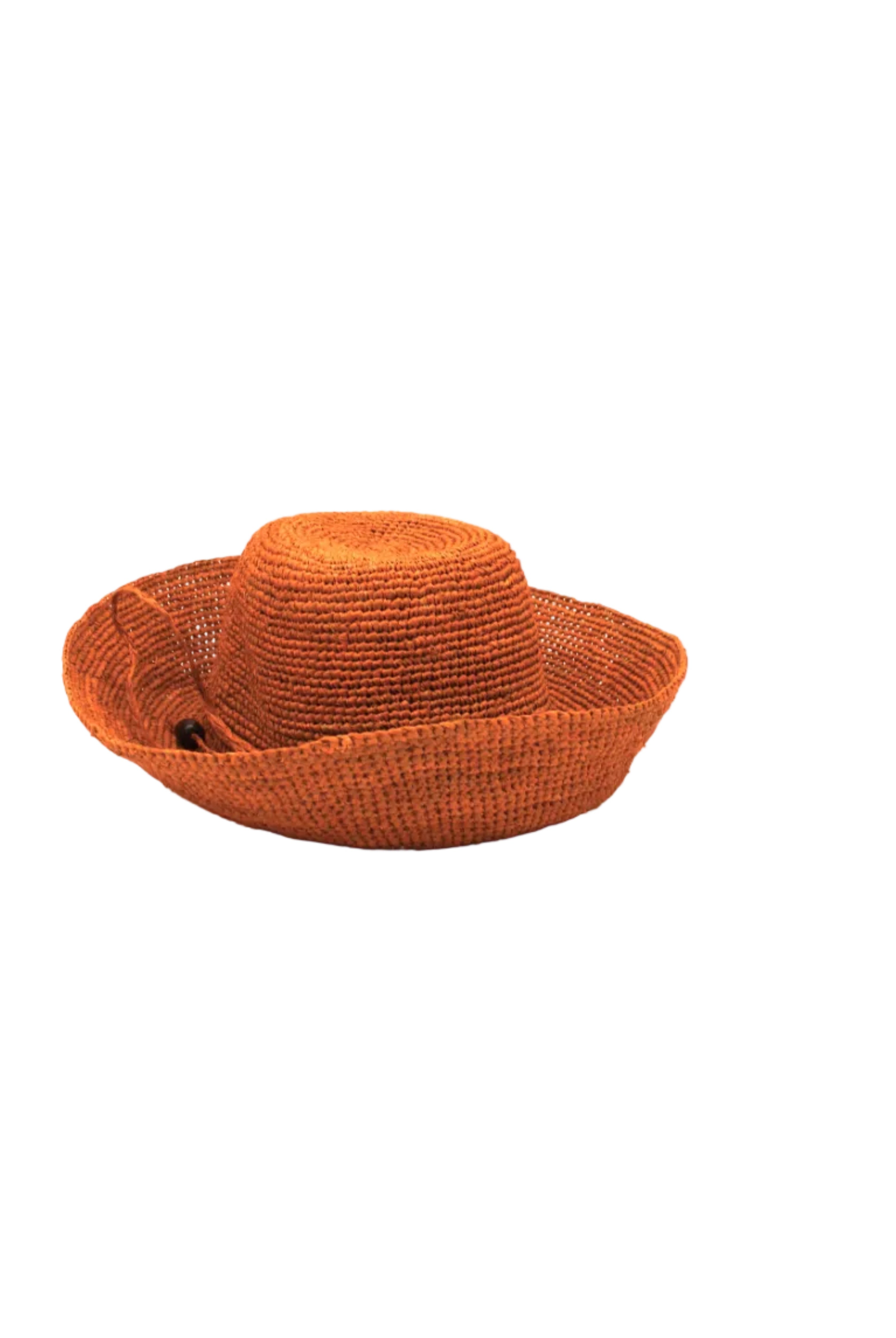 Leor Sunkist crochet straw hat handmade woven natural raffia palm fiber in a solid hue of Sunkist ora raffia 3" brim packable straw hat with matching adjustable braided hat band - Shebobo