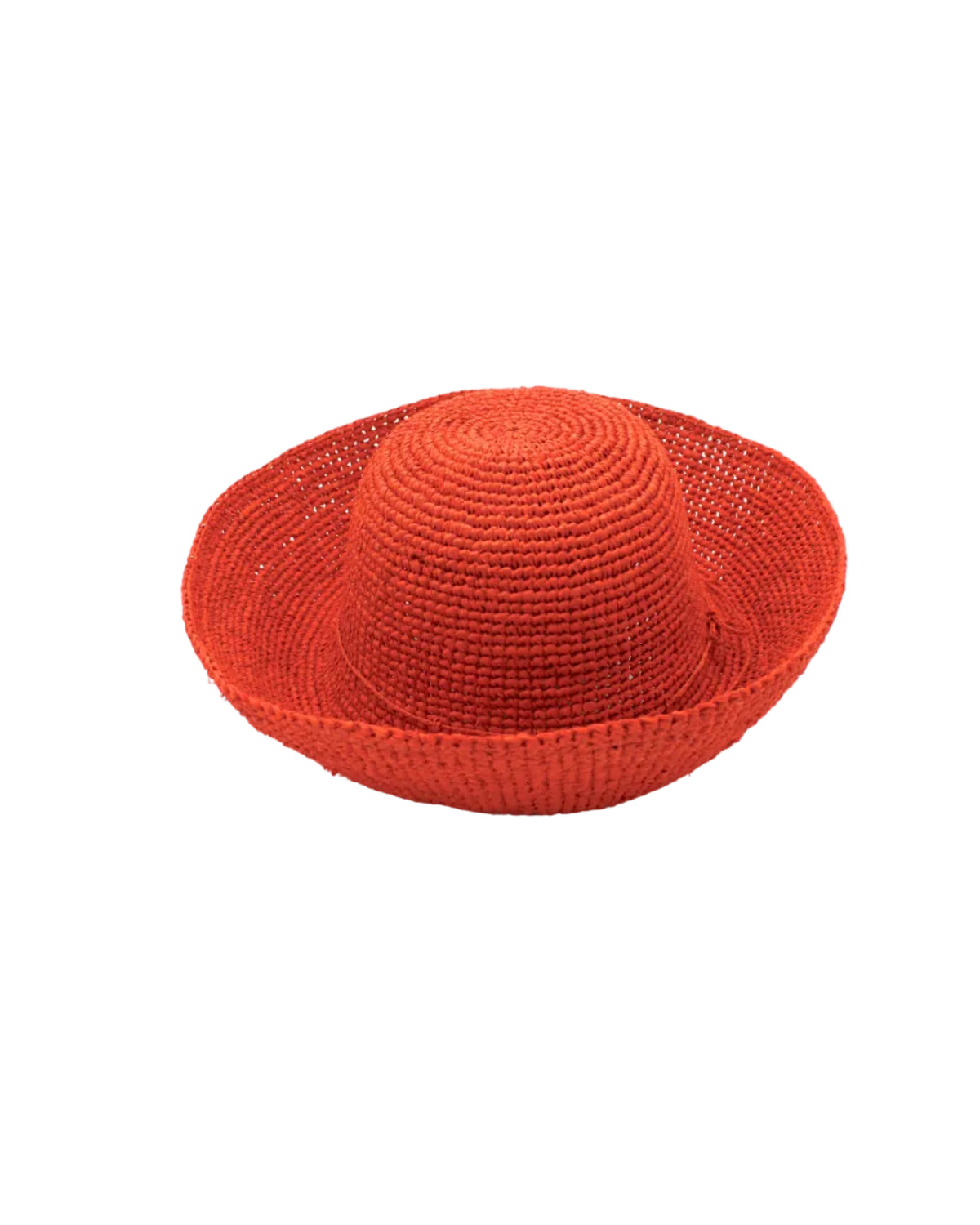 Leor Sunkist crochet straw hat handmade woven natural raffia palm fiber in a solid hue of Sunkist ora raffia 3" brim packable straw hat with matching adjustable braided hat band - Shebobo