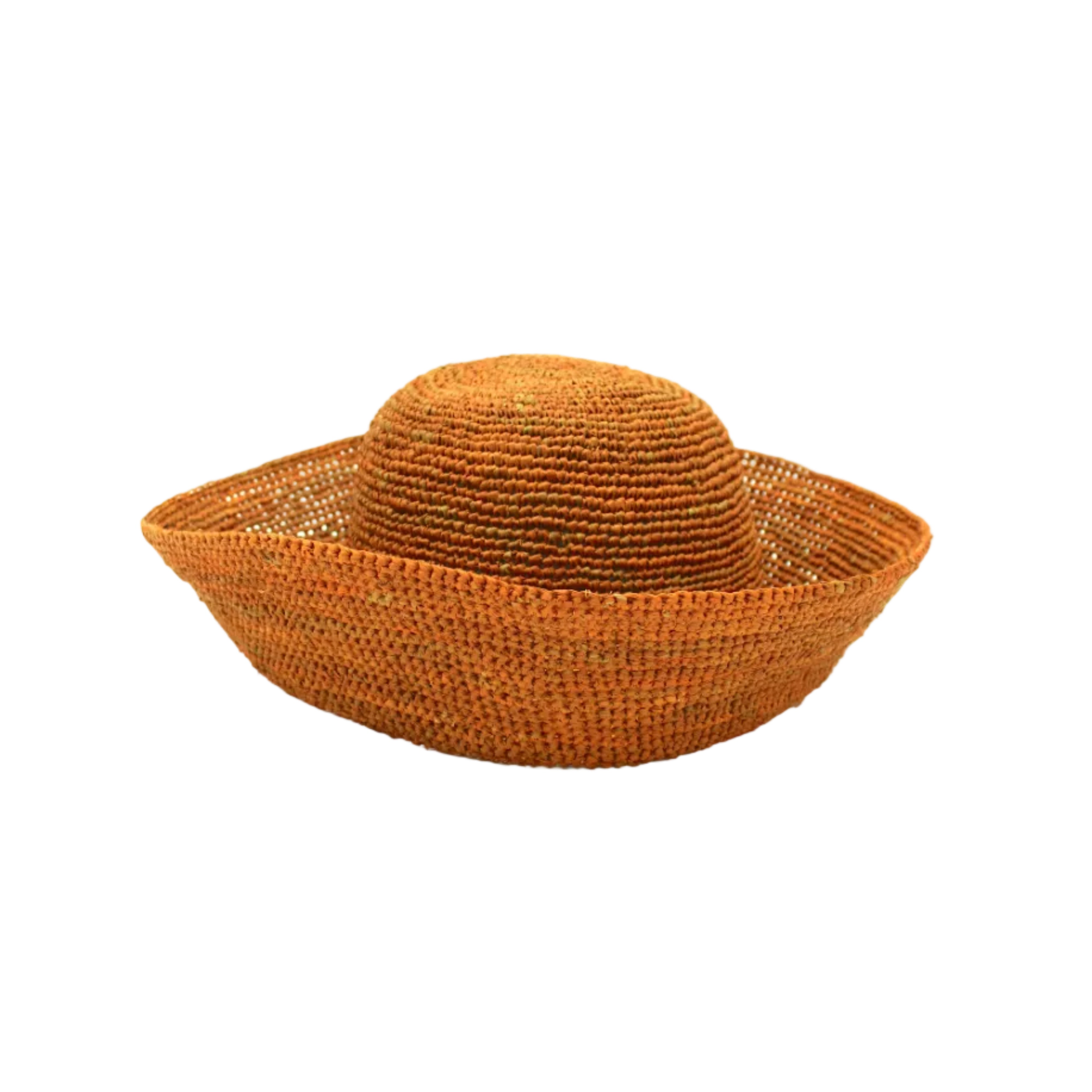 Leor Tumeric crochet straw hat handmade woven natural raffia palm fiber in a solid hue of tumeric yellow/orange/brown raffia 3" brim packable straw hat with matching adjustable braided hat band - Shebobo