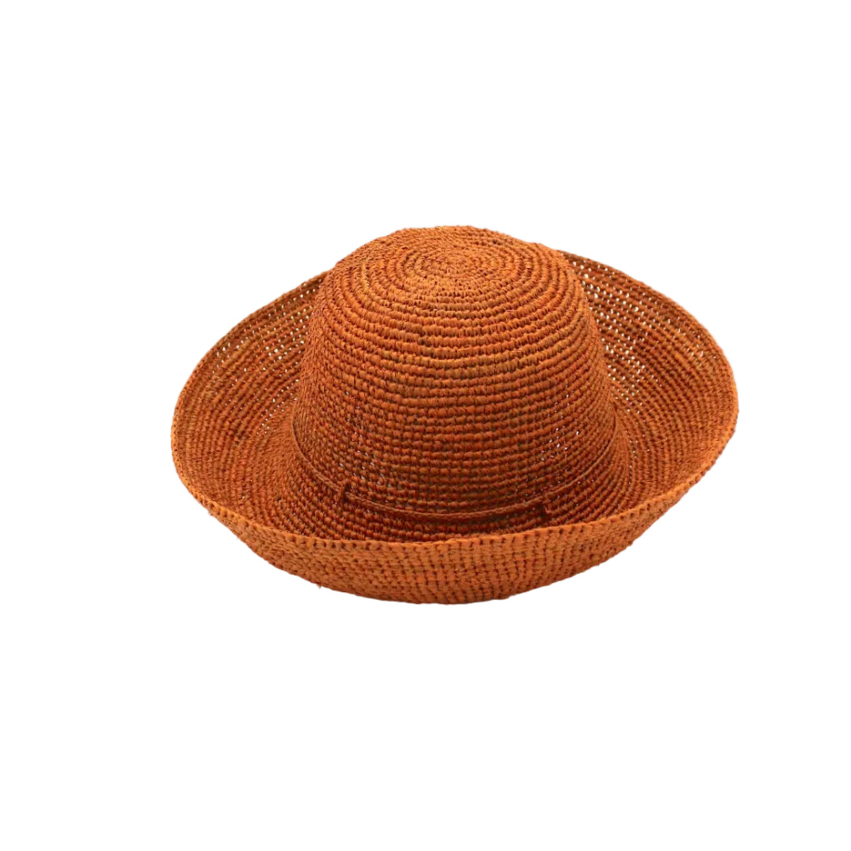 Leor Tumeric crochet straw hat handmade woven natural raffia palm fiber in a solid hue of tumeric yellow/orange/brown raffia 3" brim packable straw hat with matching adjustable braided hat band - Shebobo