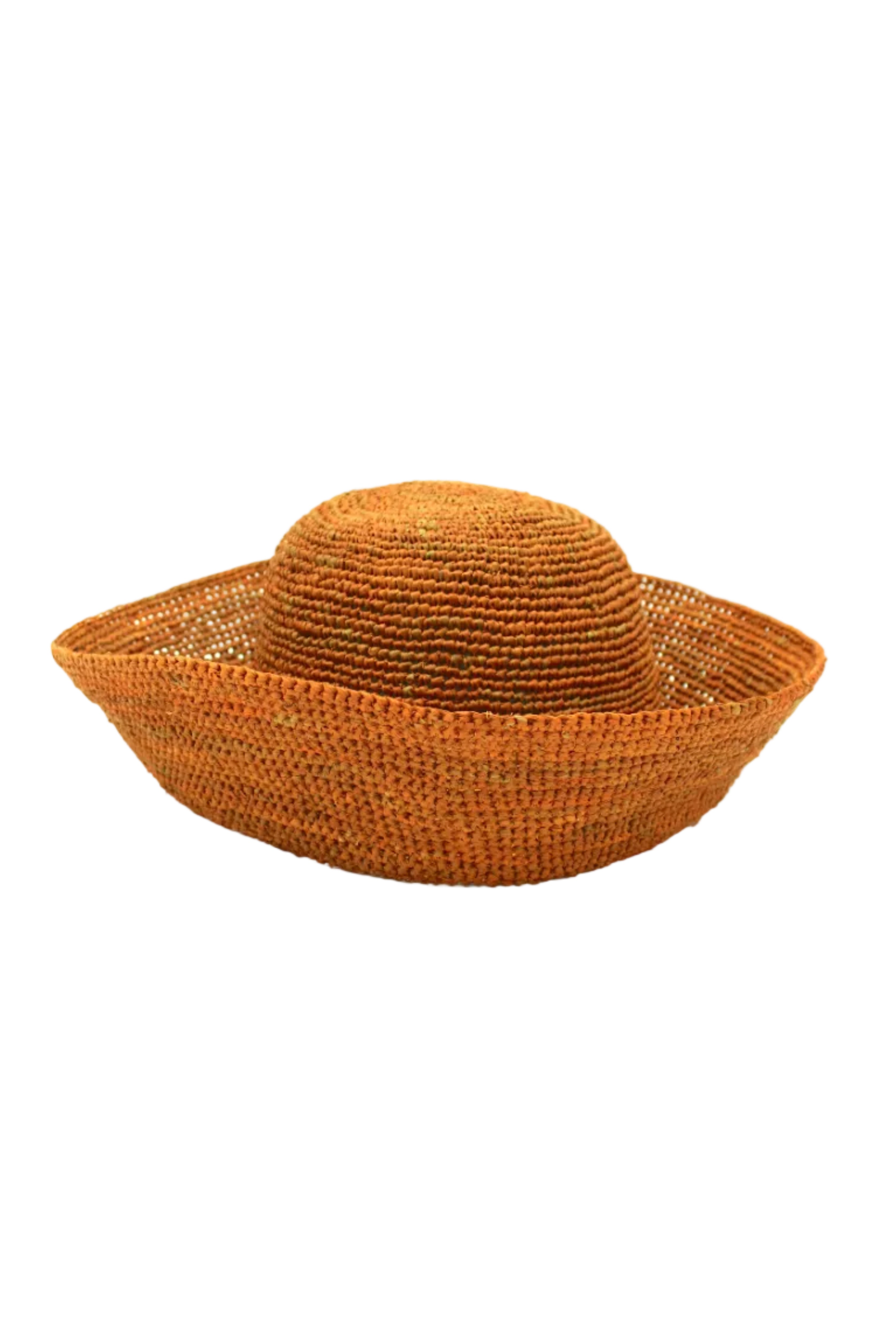 Leor Tumeric crochet straw hat handmade woven natural raffia palm fiber in a solid hue of tumeric yellow/orange/brown raffia 3" brim packable straw hat with matching adjustable braided hat band - Shebobo