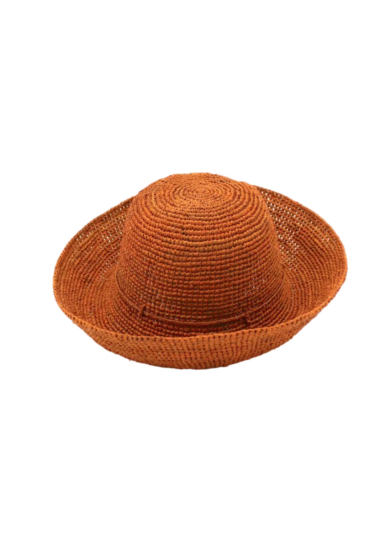 Leor Tumeric crochet straw hat handmade woven natural raffia palm fiber in a solid hue of tumeric yellow/orange/brown raffia 3" brim packable straw hat with matching adjustable braided hat band - Shebobo