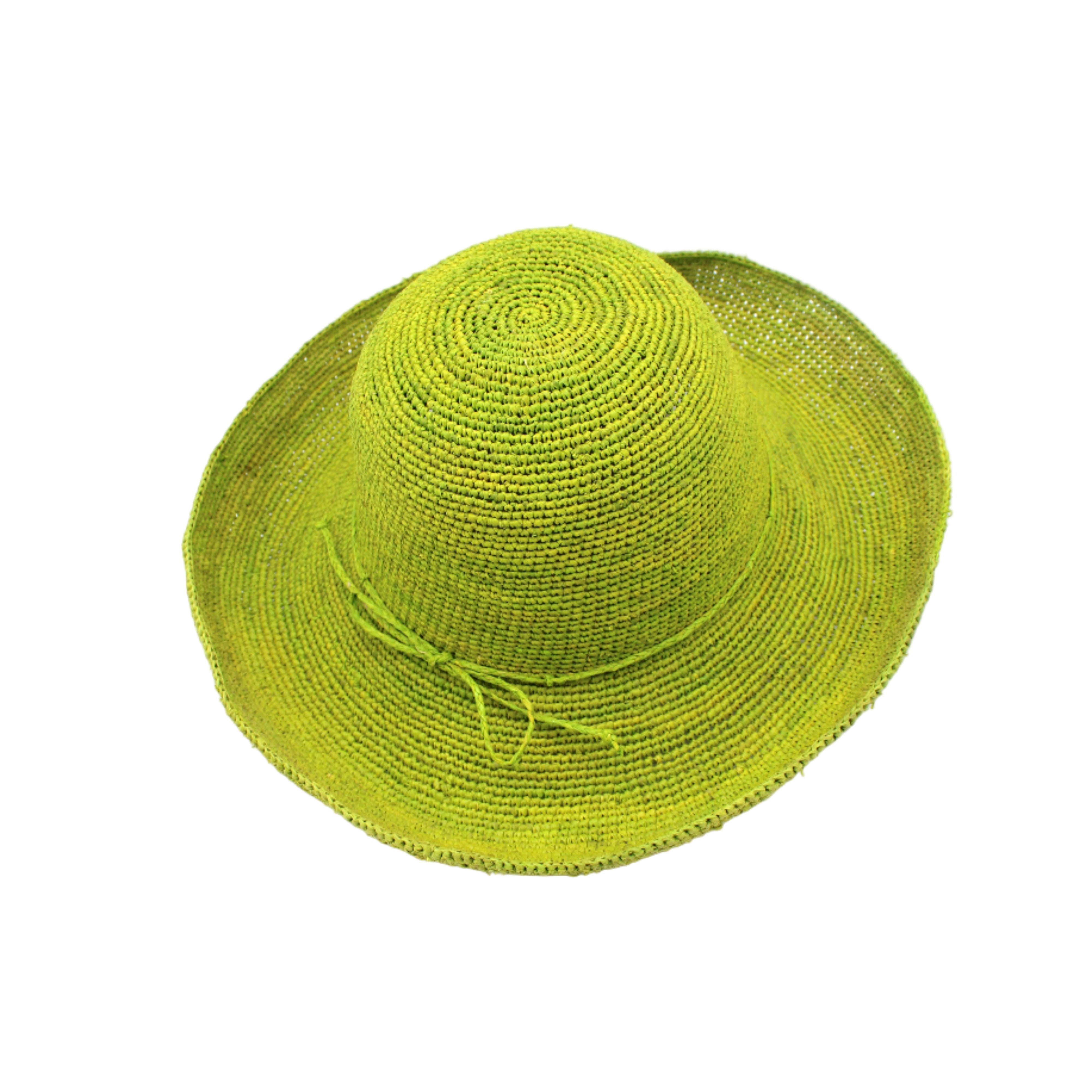 Leor Midori crochet straw hat handmade woven natural raffia palm fiber in a solid hue of midori lime/bright/neon/green raffia 3" brim packable straw hat with matching adjustable braided hat band - Shebobo