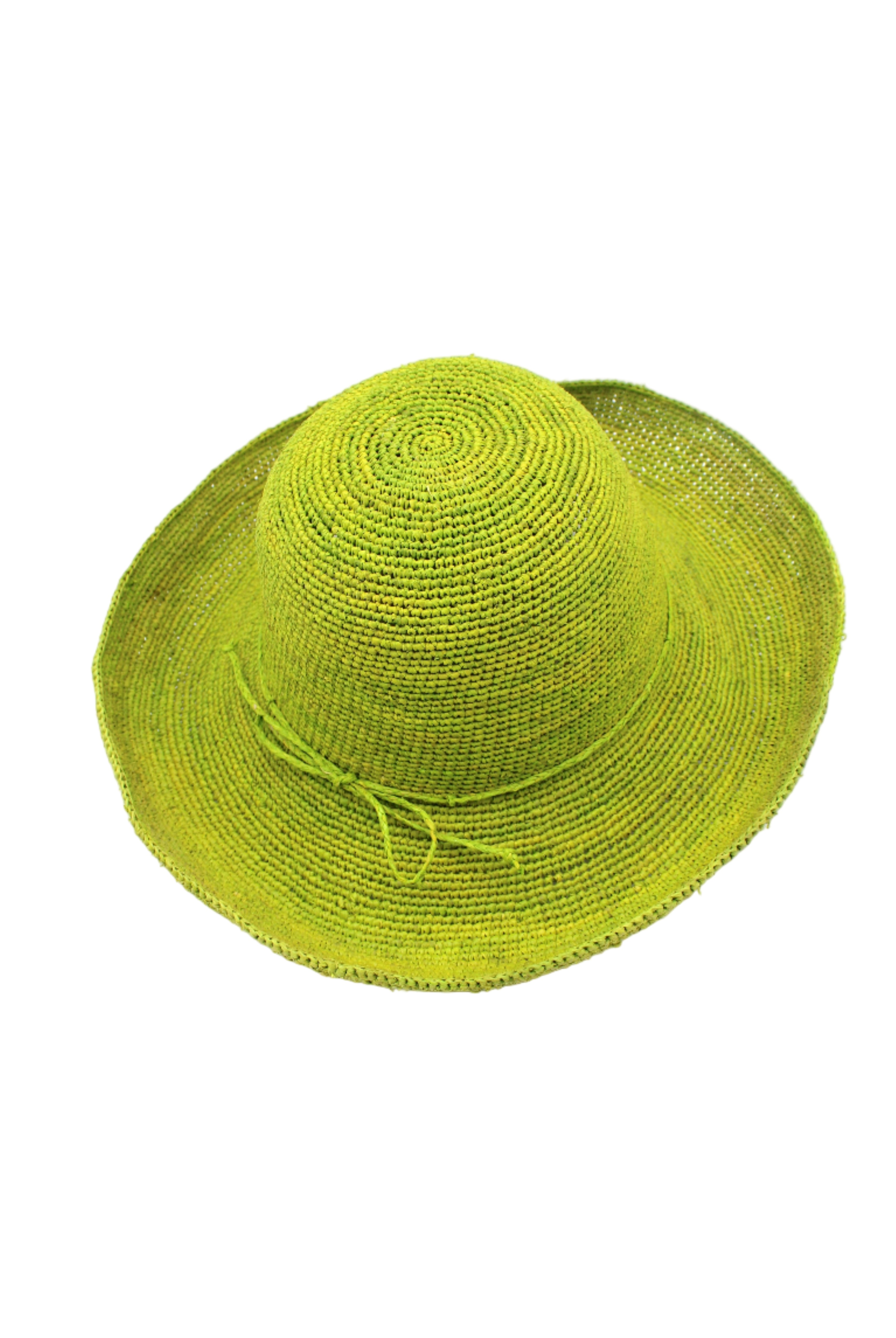 Leor Midori crochet straw hat handmade woven natural raffia palm fiber in a solid hue of midori lime/bright/neon/green raffia 3" brim packable straw hat with matching adjustable braided hat band - Shebobo