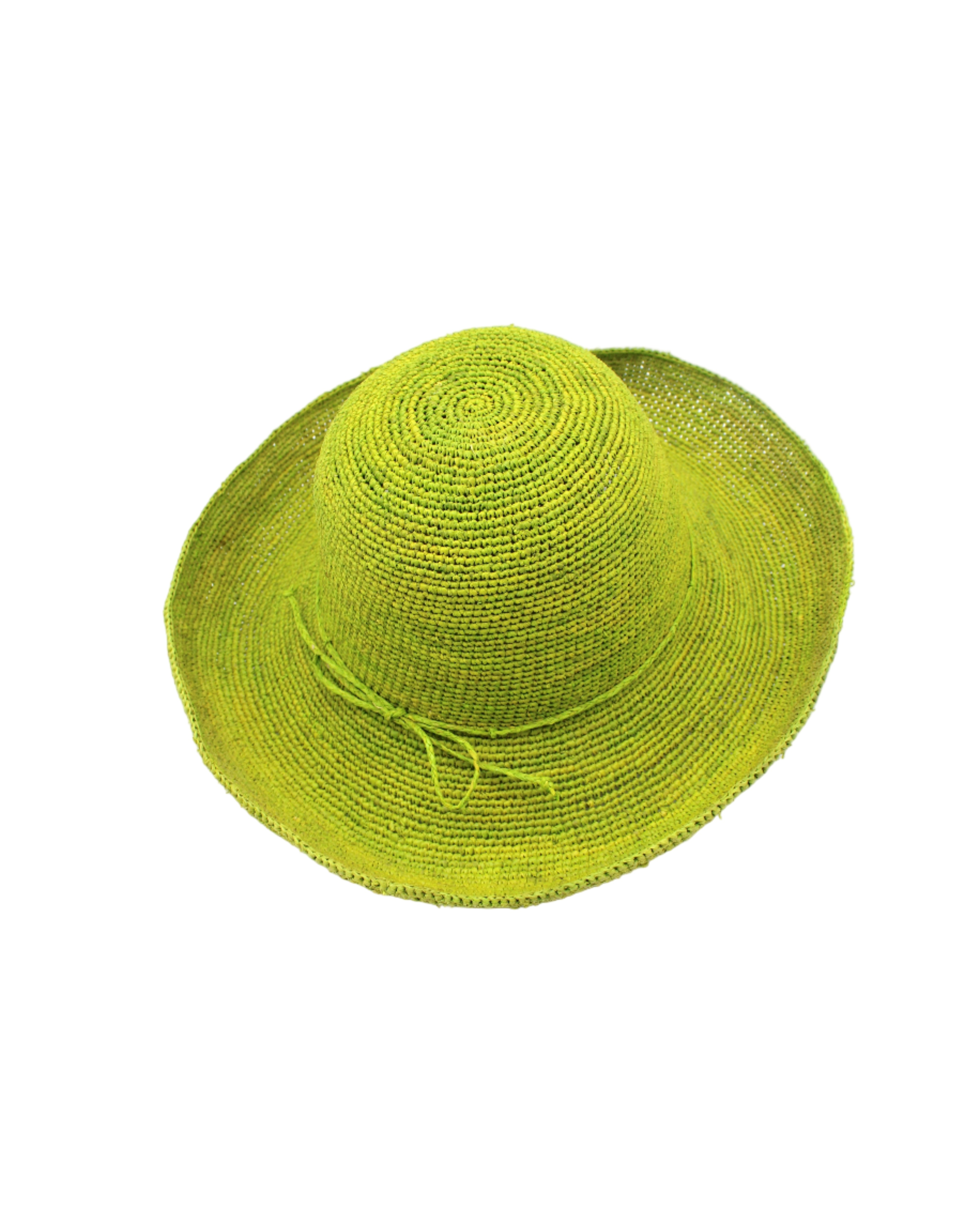 Leor Midori crochet straw hat handmade woven natural raffia palm fiber in a solid hue of midori lime/bright/neon/green raffia 3" brim packable straw hat with matching adjustable braided hat band - Shebobo