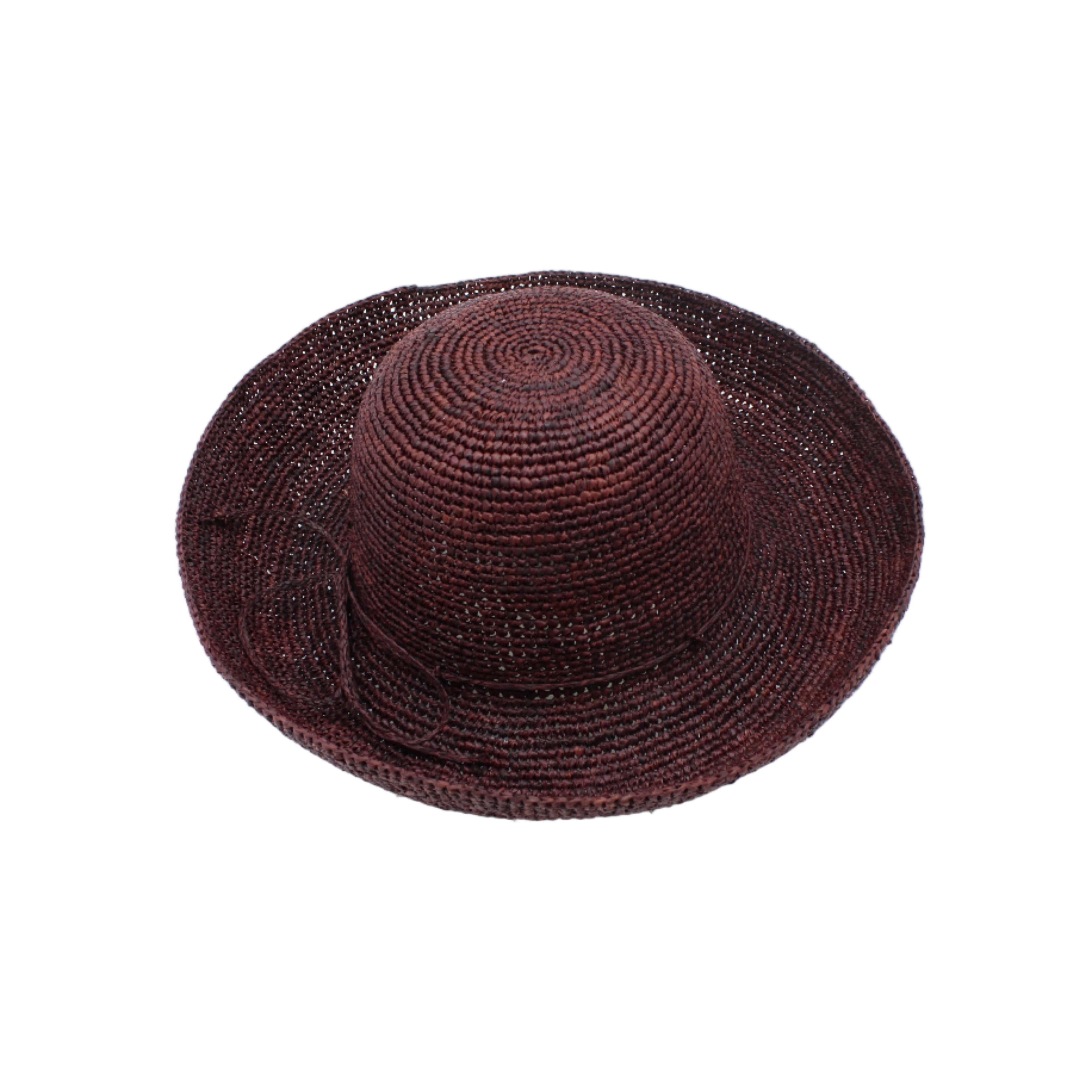 Leor Mocha crochet straw hat handmade woven natural raffia palm fiber in a solid hue of mocha chocolate/dark/brown raffia 3" brim packable straw hat with matching adjustable braided hat band - Shebobo