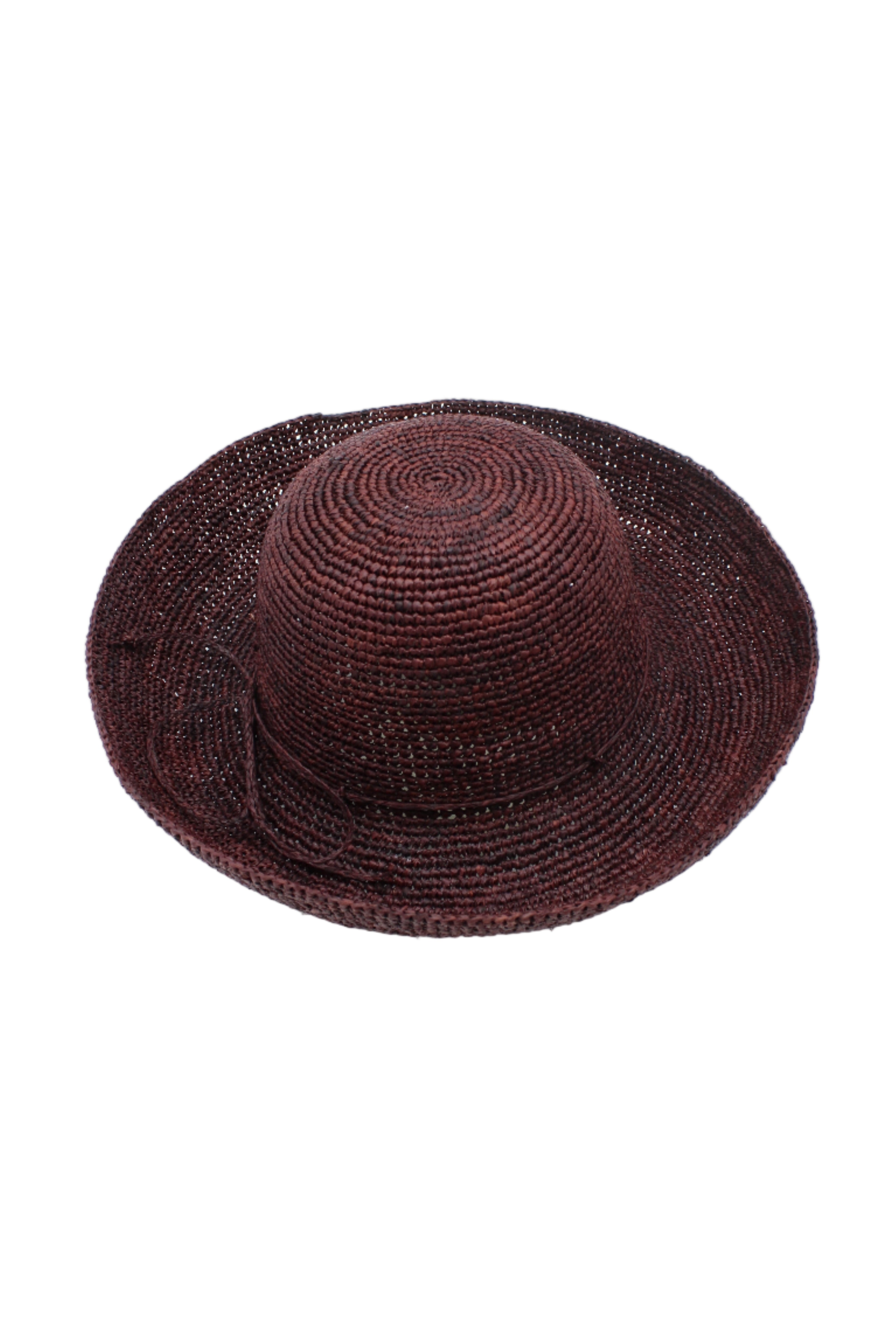 Leor Mocha crochet straw hat handmade woven natural raffia palm fiber in a solid hue of mocha chocolate/dark/brown raffia 3" brim packable straw hat with matching adjustable braided hat band - Shebobo