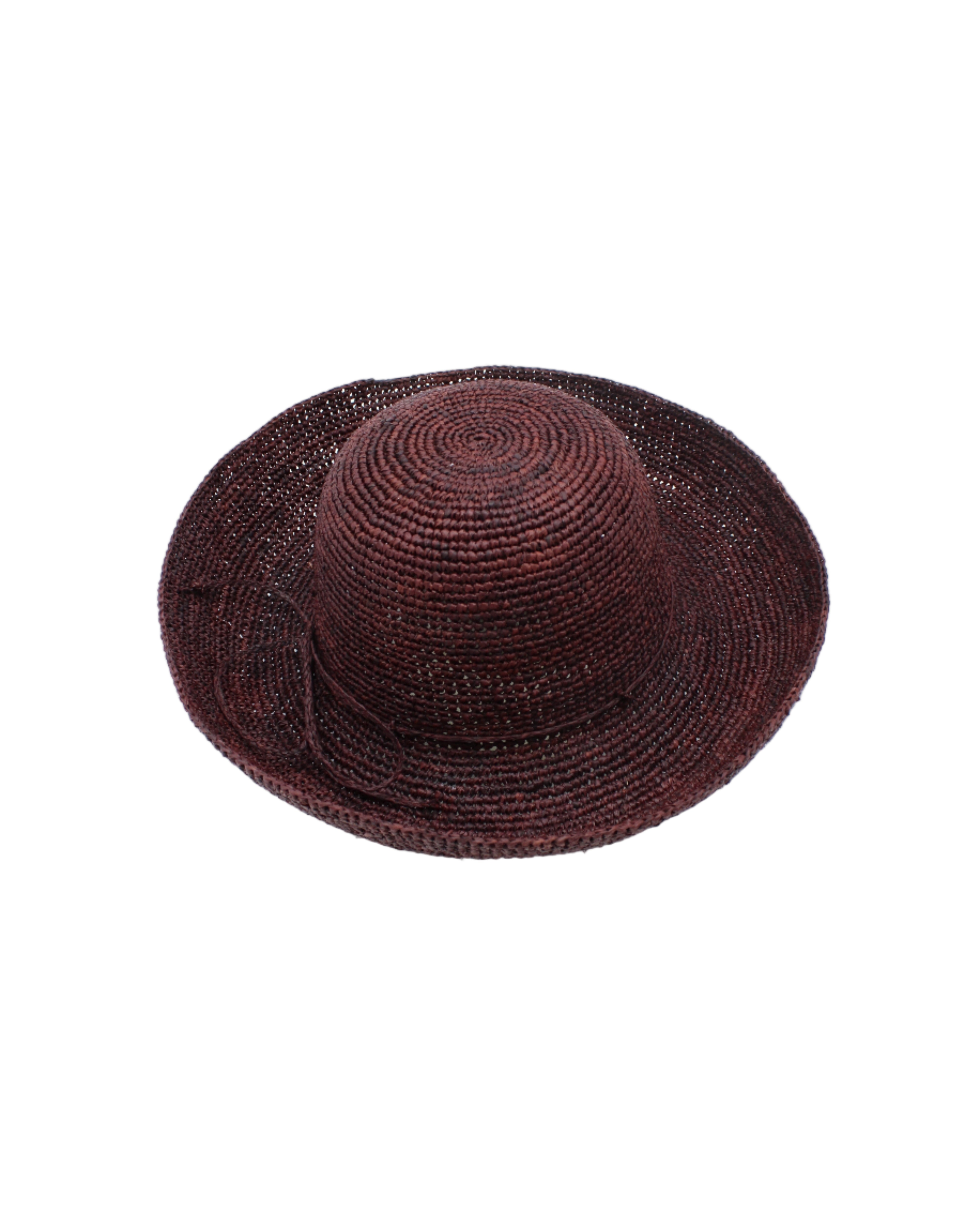 Leor Mocha crochet straw hat handmade woven natural raffia palm fiber in a solid hue of mocha chocolate/dark/brown raffia 3" brim packable straw hat with matching adjustable braided hat band - Shebobo