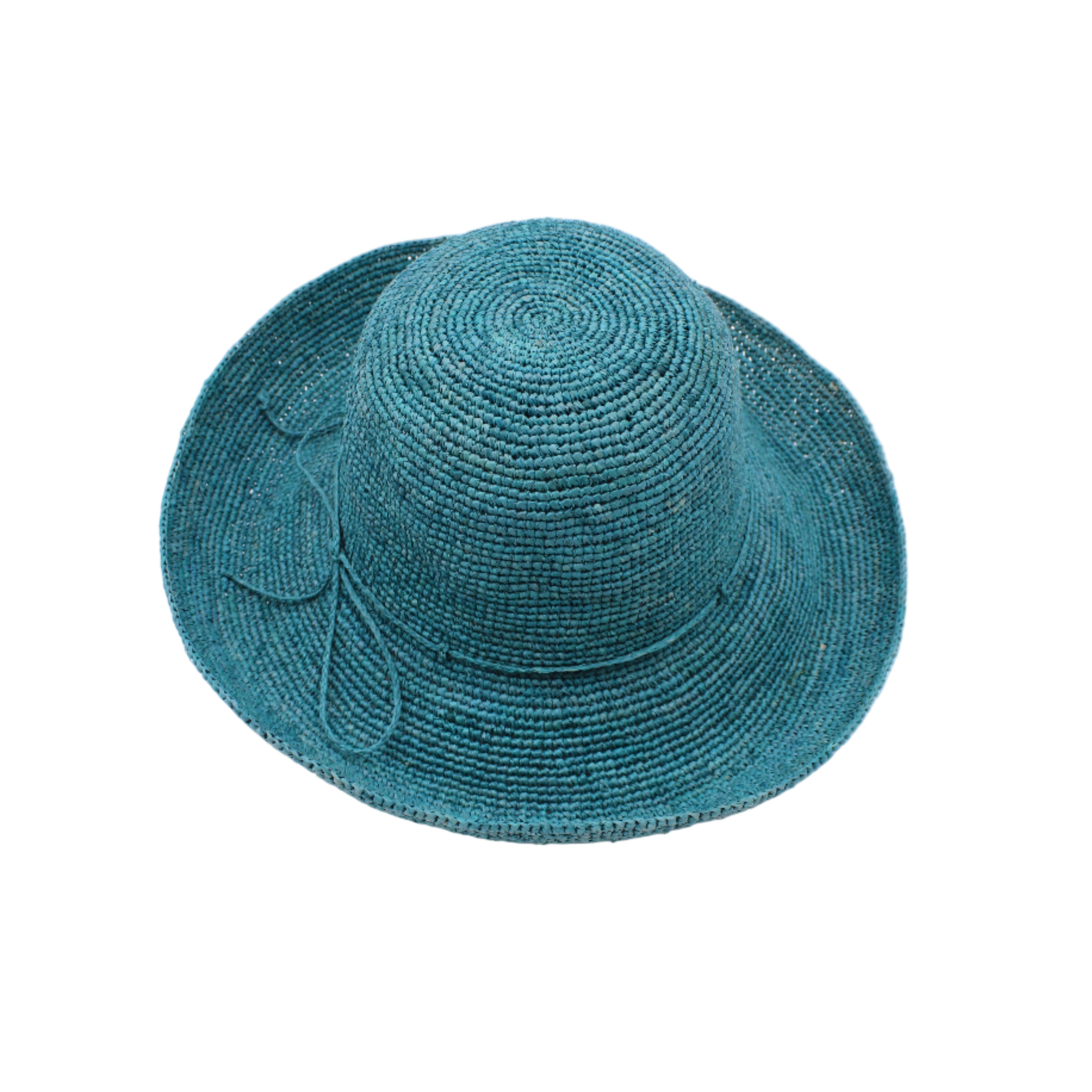 Leor Turquoise crochet straw hat handmade woven natural raffia palm fiber in a solid hue of turquoise blue/green raffia 3" brim packable straw hat with matching adjustable braided hat band - Shebobo