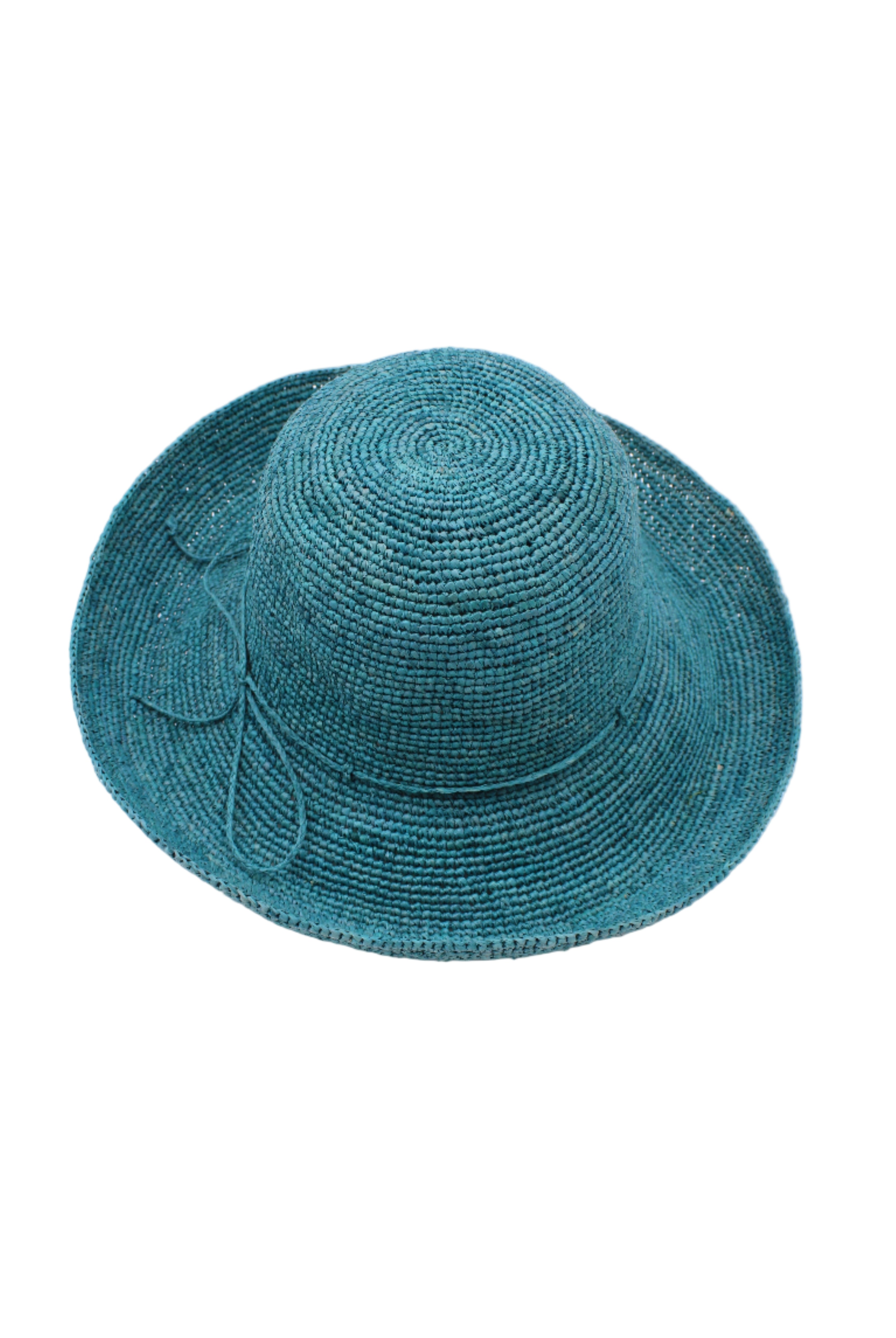 Leor Turquoise crochet straw hat handmade woven natural raffia palm fiber in a solid hue of turquoise blue/green raffia 3" brim packable straw hat with matching adjustable braided hat band - Shebobo