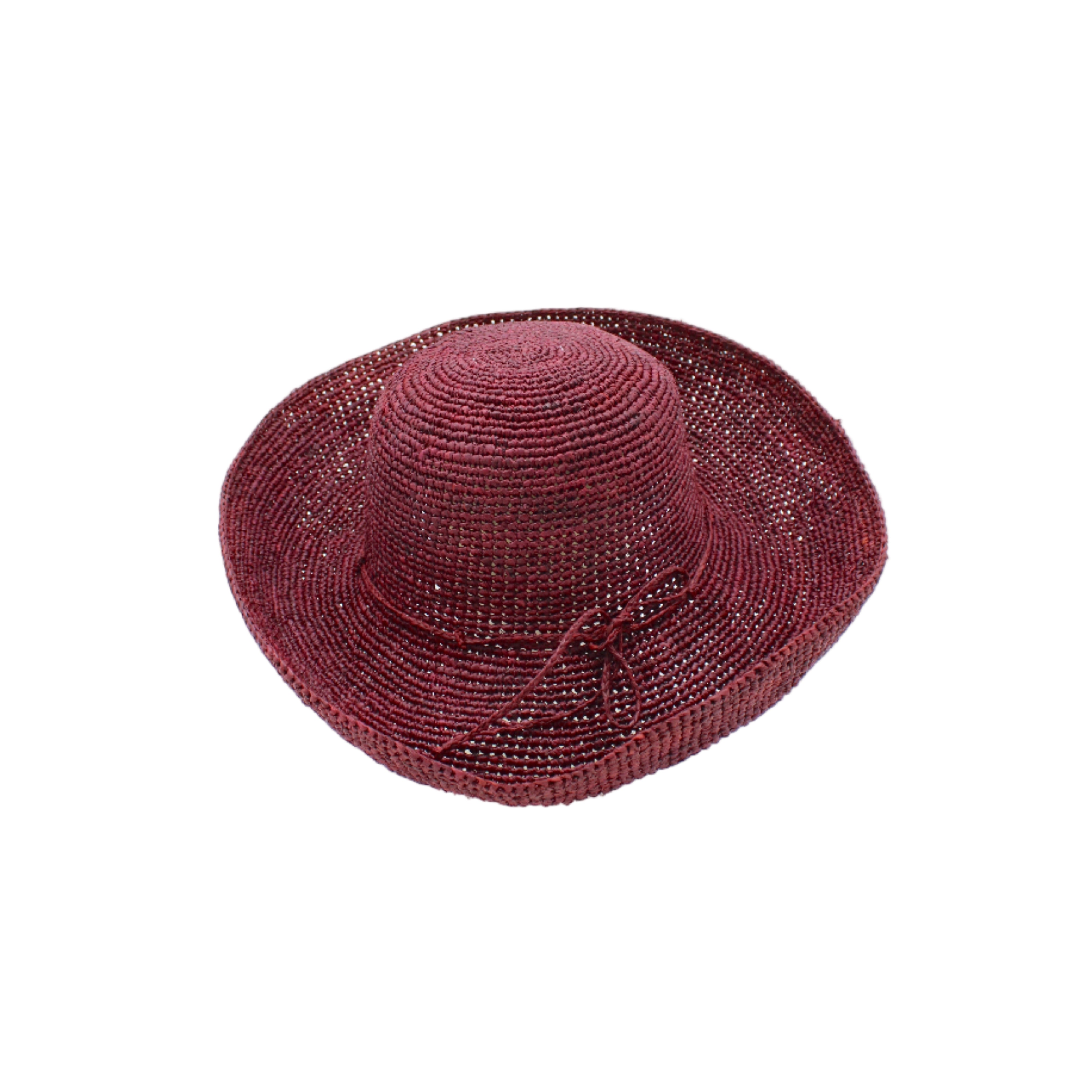 Leor Mocha crochet straw hat handmade woven natural raffia palm fiber in a solid hue of umberwine burgundy/bordeaux/claret/dark/red/purple raffia 3" brim packable straw hat with matching adjustable braided hat band - Shebobo