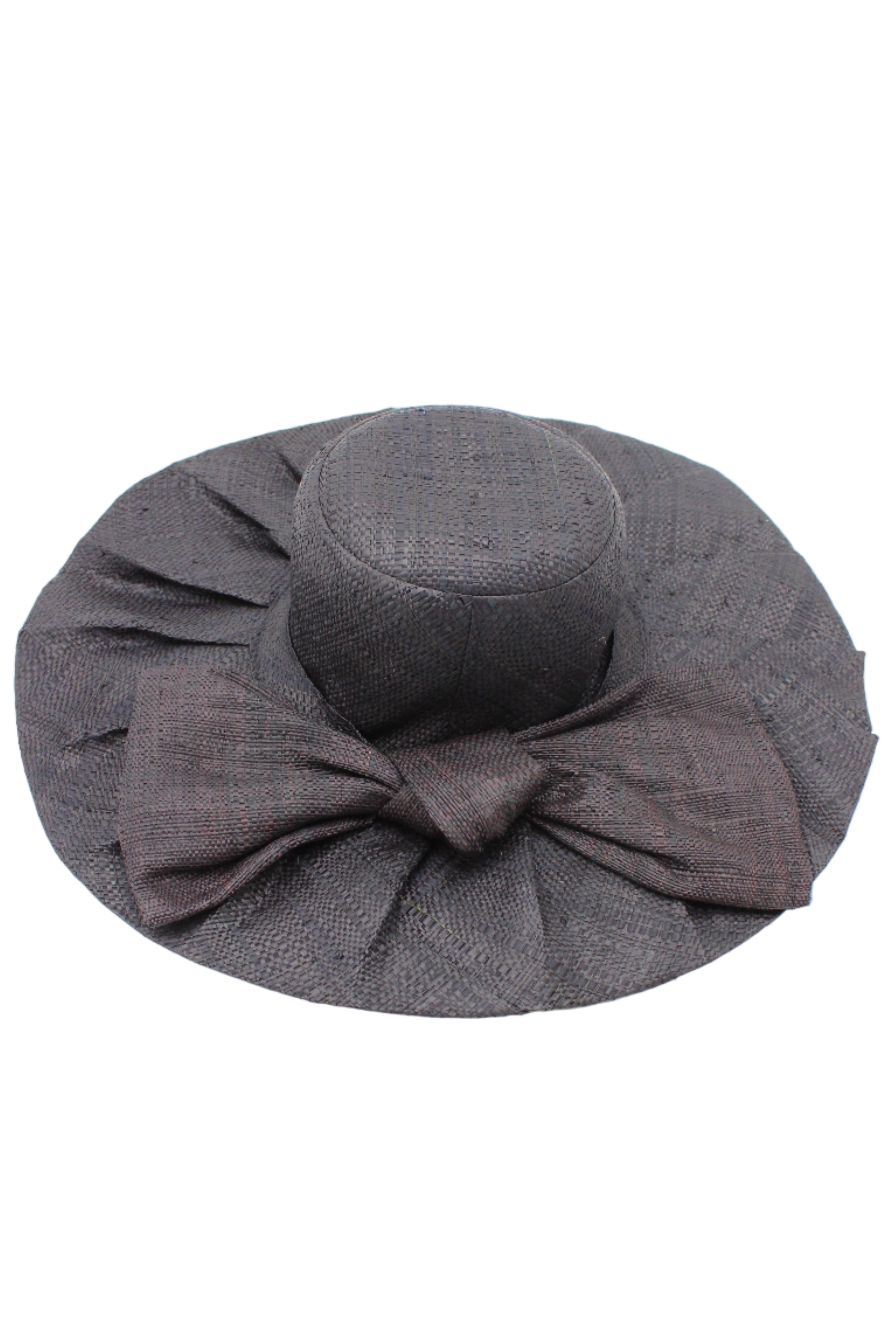 Lilly 5" Brim Fan Straw Sun Hat with Big Bow Black handmade loomed natural raffia palm fiber in a solid hue of black with pleated wide brim and oversized bow embellishment - Shebobo