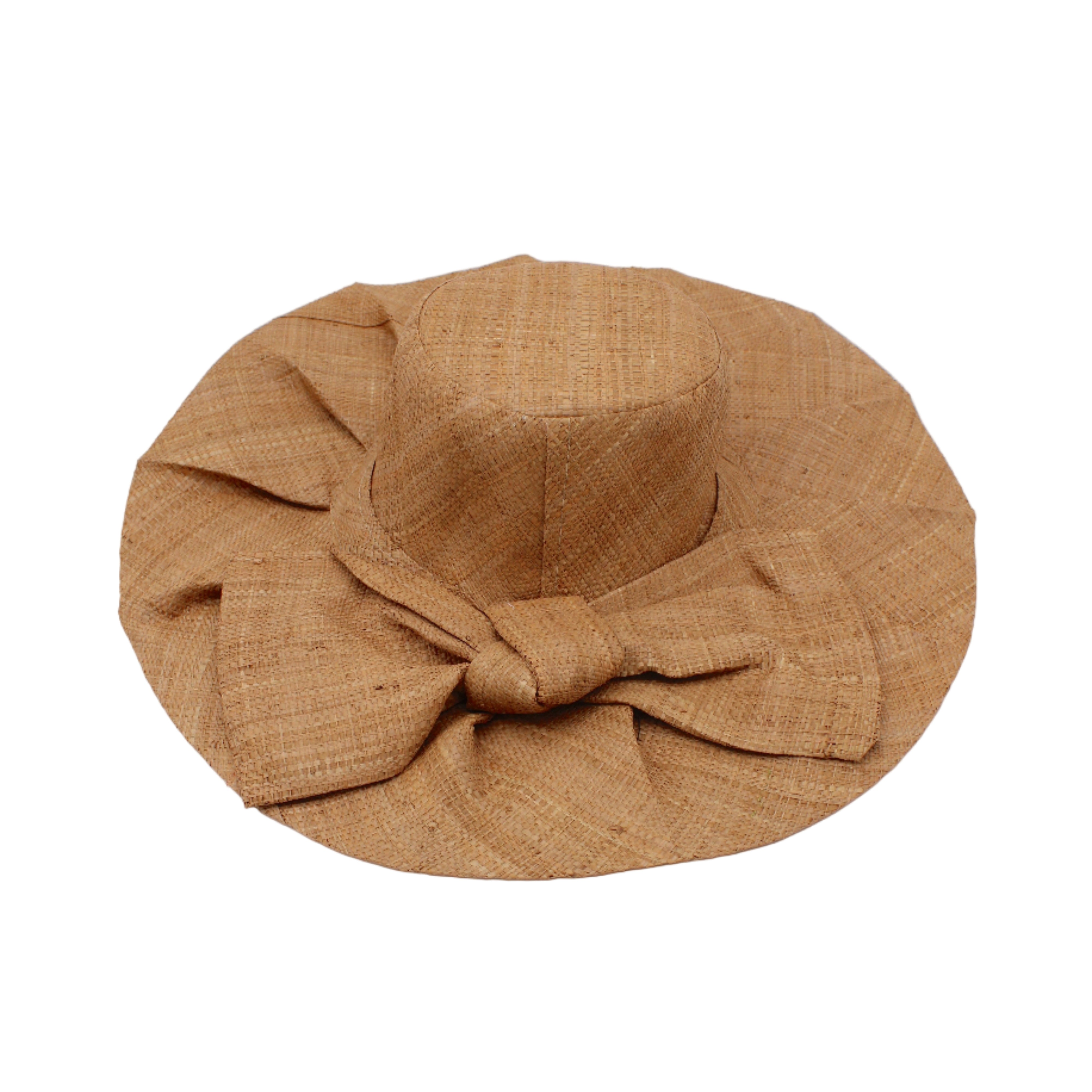 Lilly 5" Brim Fan Straw Sun Hat with Big Bow Cappuccino handmade loomed natural raffia palm fiber in a solid hue of cappuccino tea/light/brown with pleated wide brim and oversized bow embellishment - Shebobo