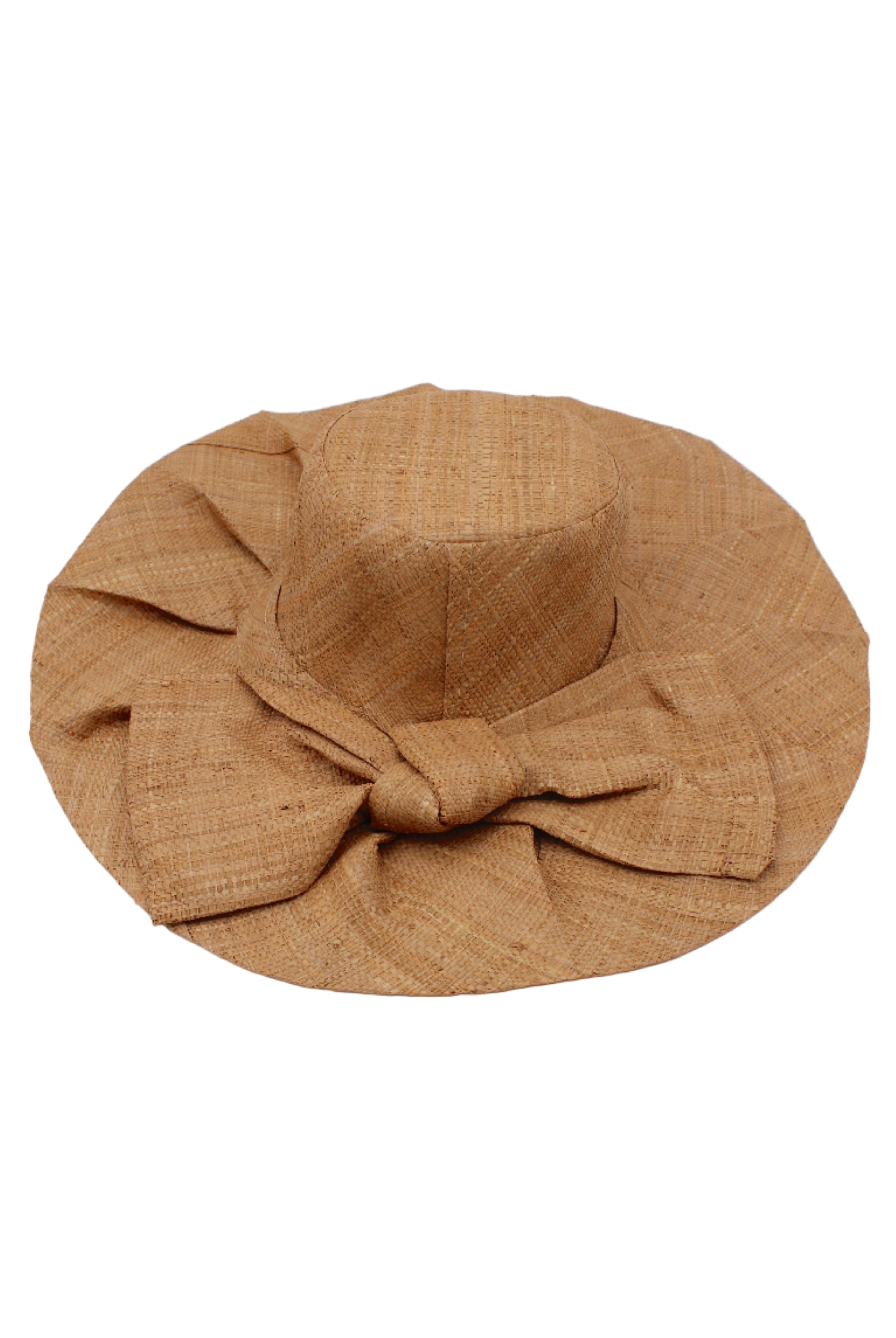 Lilly 5" Brim Fan Straw Sun Hat with Big Bow Cappuccino handmade loomed natural raffia palm fiber in a solid hue of cappuccino tea/light/brown with pleated wide brim and oversized bow embellishment - Shebobo