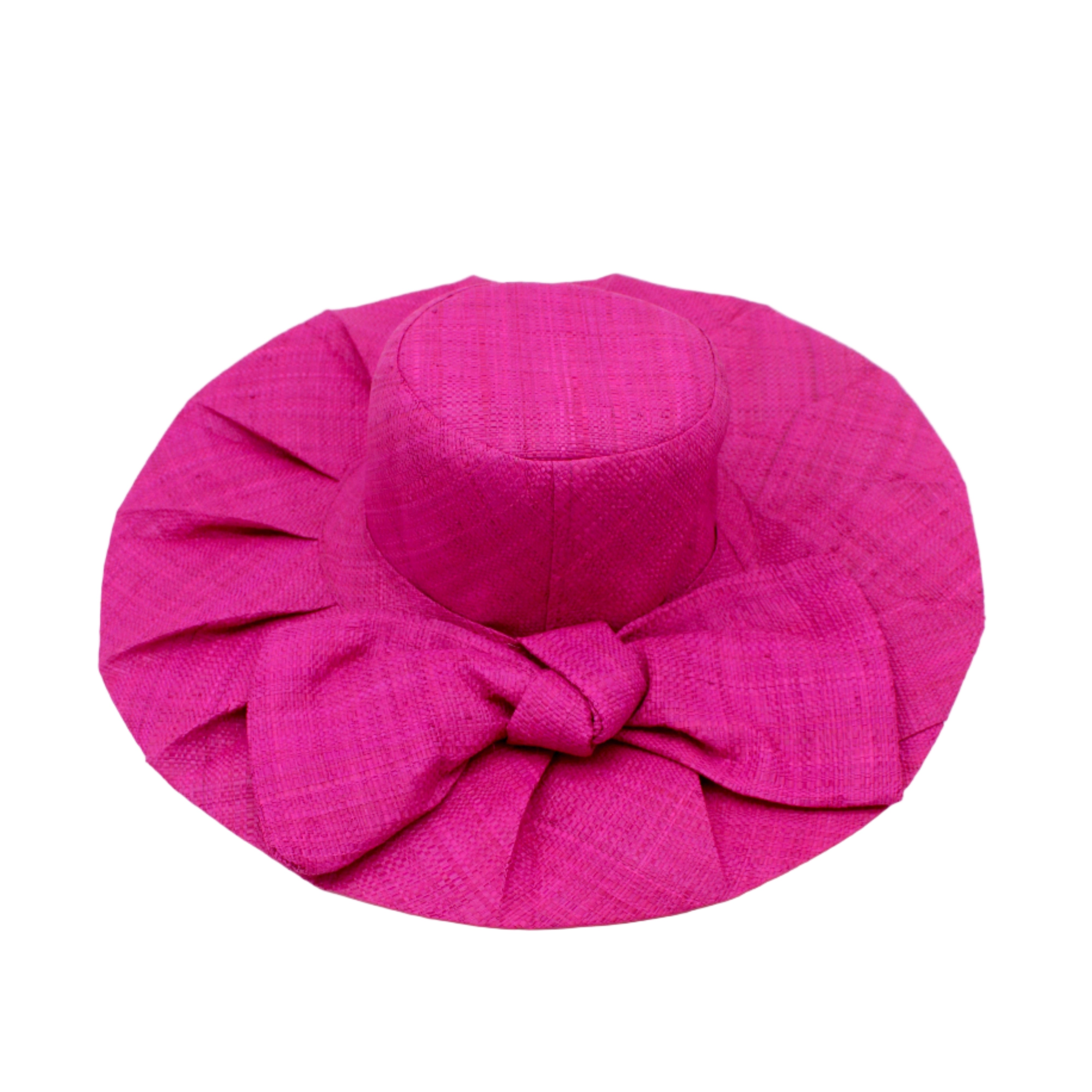 Lilly 5" Brim Fan Straw Sun Hat with Big Bow Fuchsia handmade loomed natural raffia palm fiber in a solid hue of Fuchsia hot/bright/barbie/pink with pleated wide brim and oversized bow embellishment - Shebobo