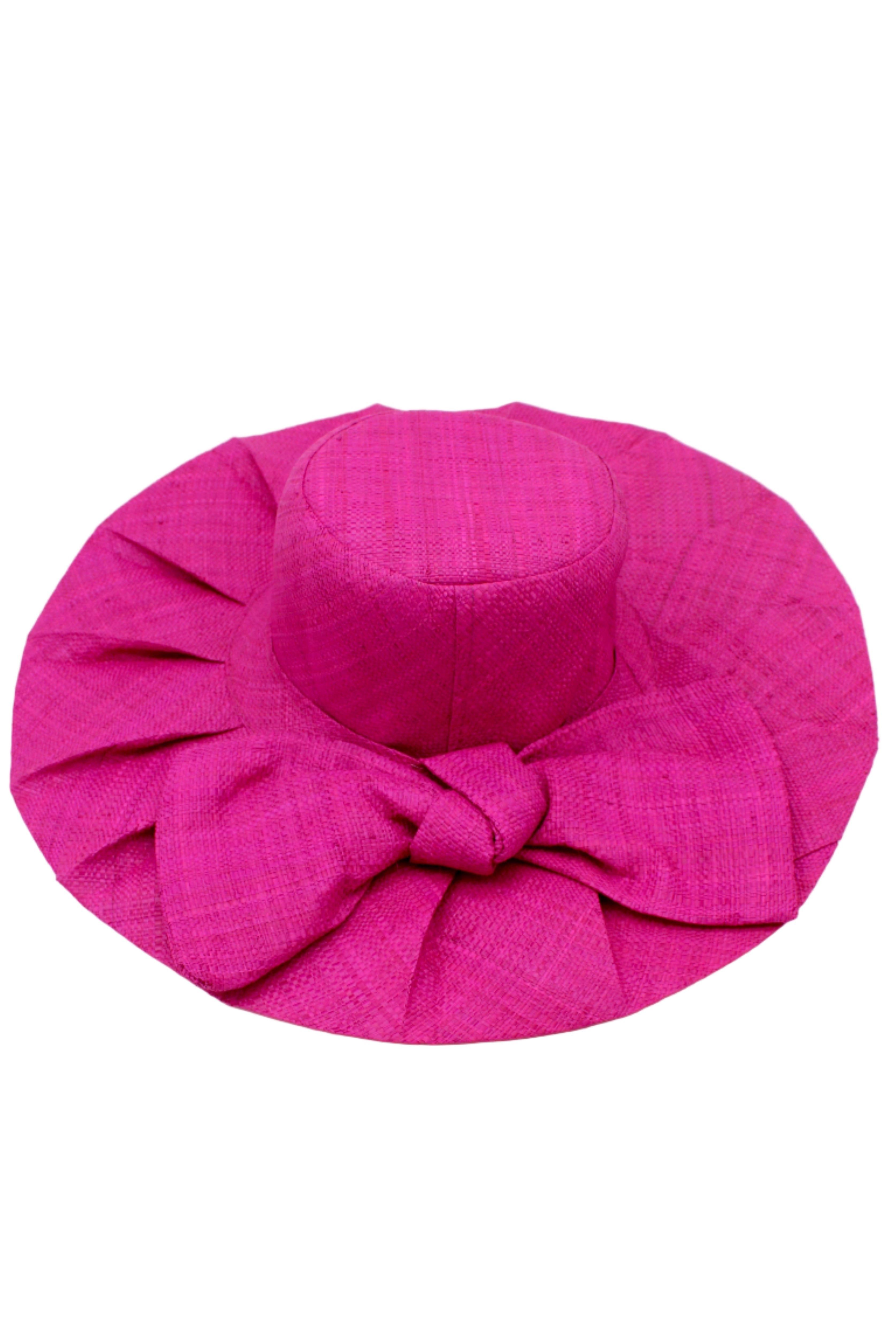 Lilly 5" Brim Fan Straw Sun Hat with Big Bow Fuchsia handmade loomed natural raffia palm fiber in a solid hue of Fuchsia hot/bright/barbie/pink with pleated wide brim and oversized bow embellishment - Shebobo