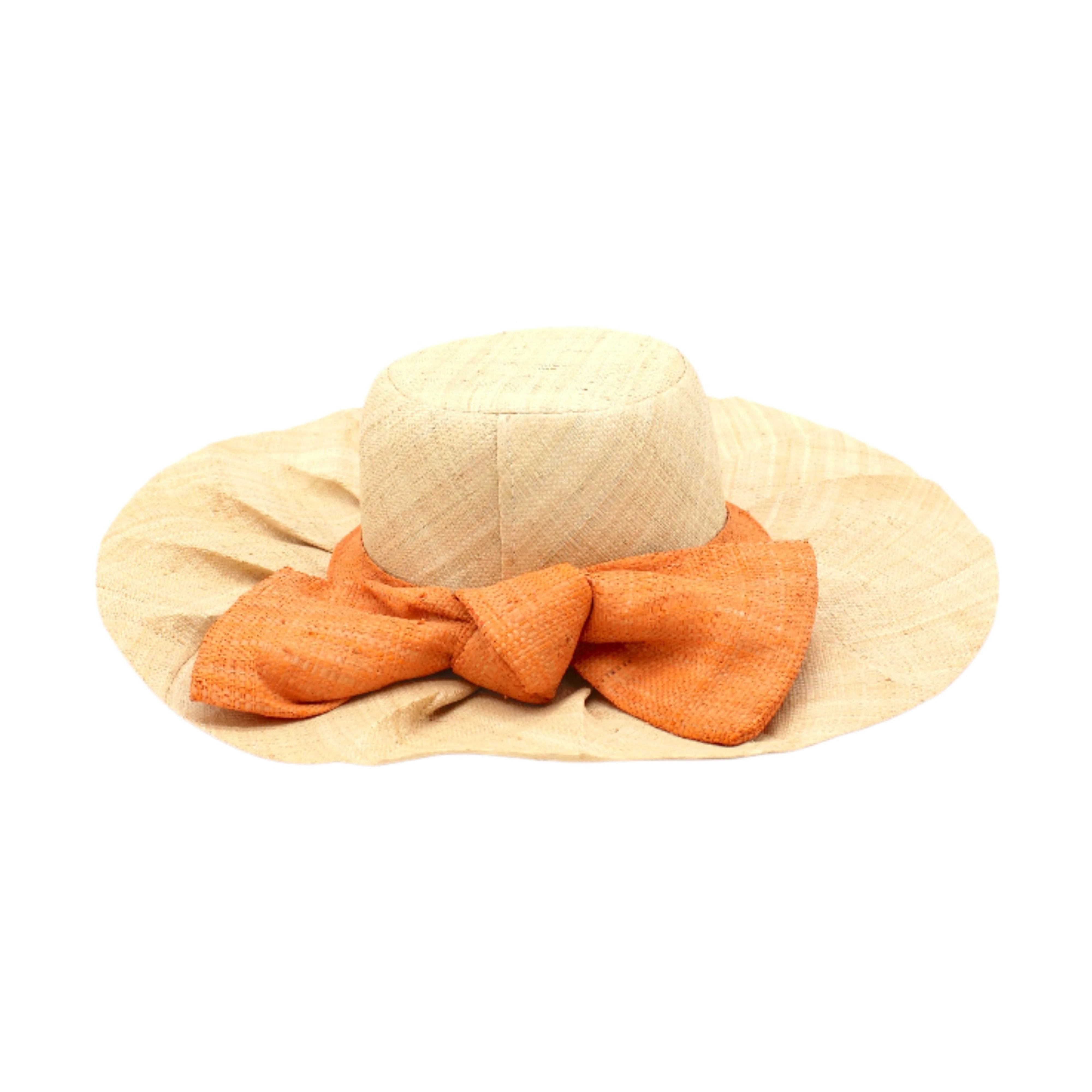 Lilly 5" Brim Fan Straw Sun Hat with Big Apricot Blush melon/peach/salmon/light/orange/pink bow and matching hatband on handmade natural loomed raffia pleated wide brim hat - Shebobo
