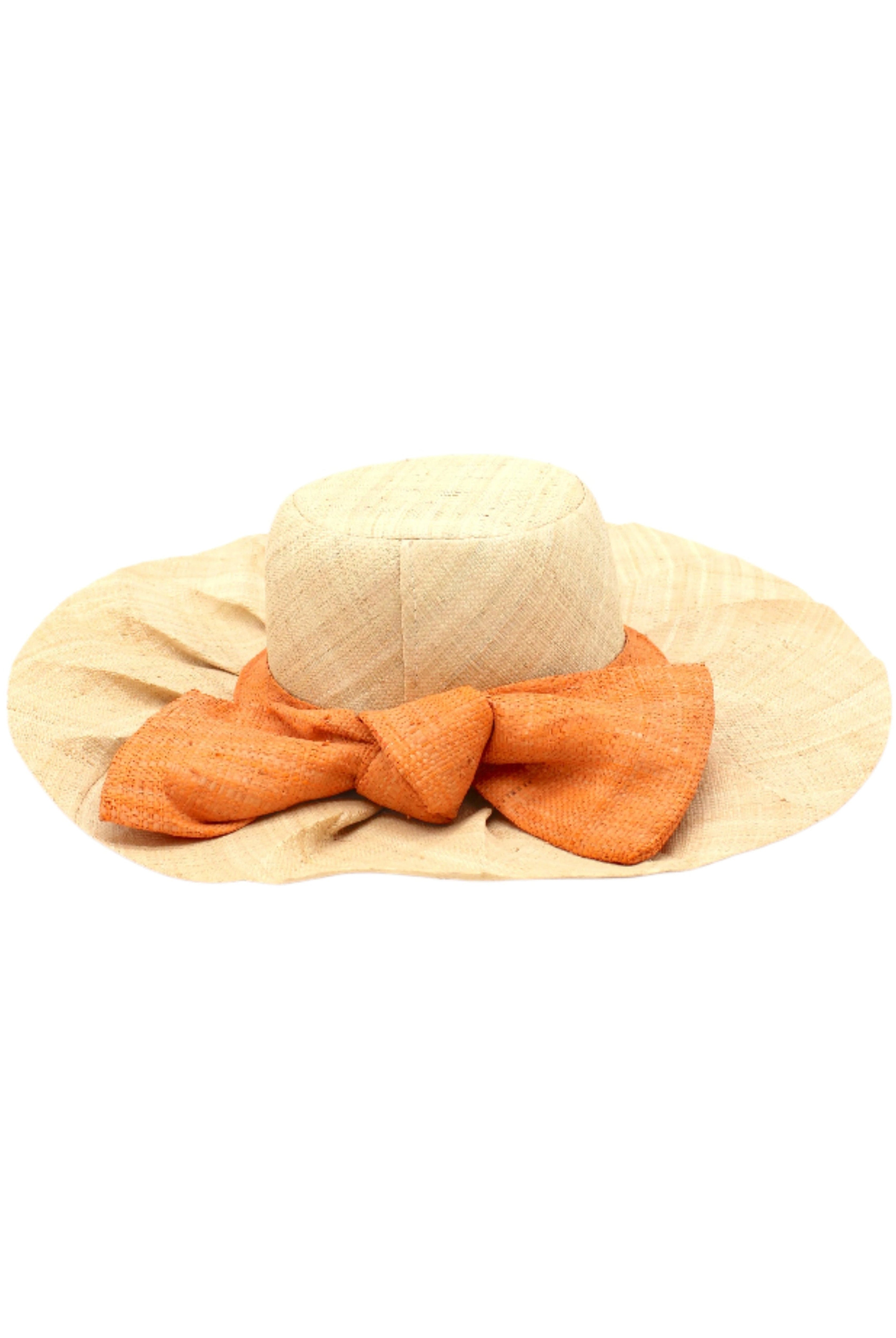 Lilly 5" Brim Fan Straw Sun Hat with Big Apricot Blush melon/peach/salmon/light/orange/pink bow and matching hatband on handmade natural loomed raffia pleated wide brim hat - Shebobo