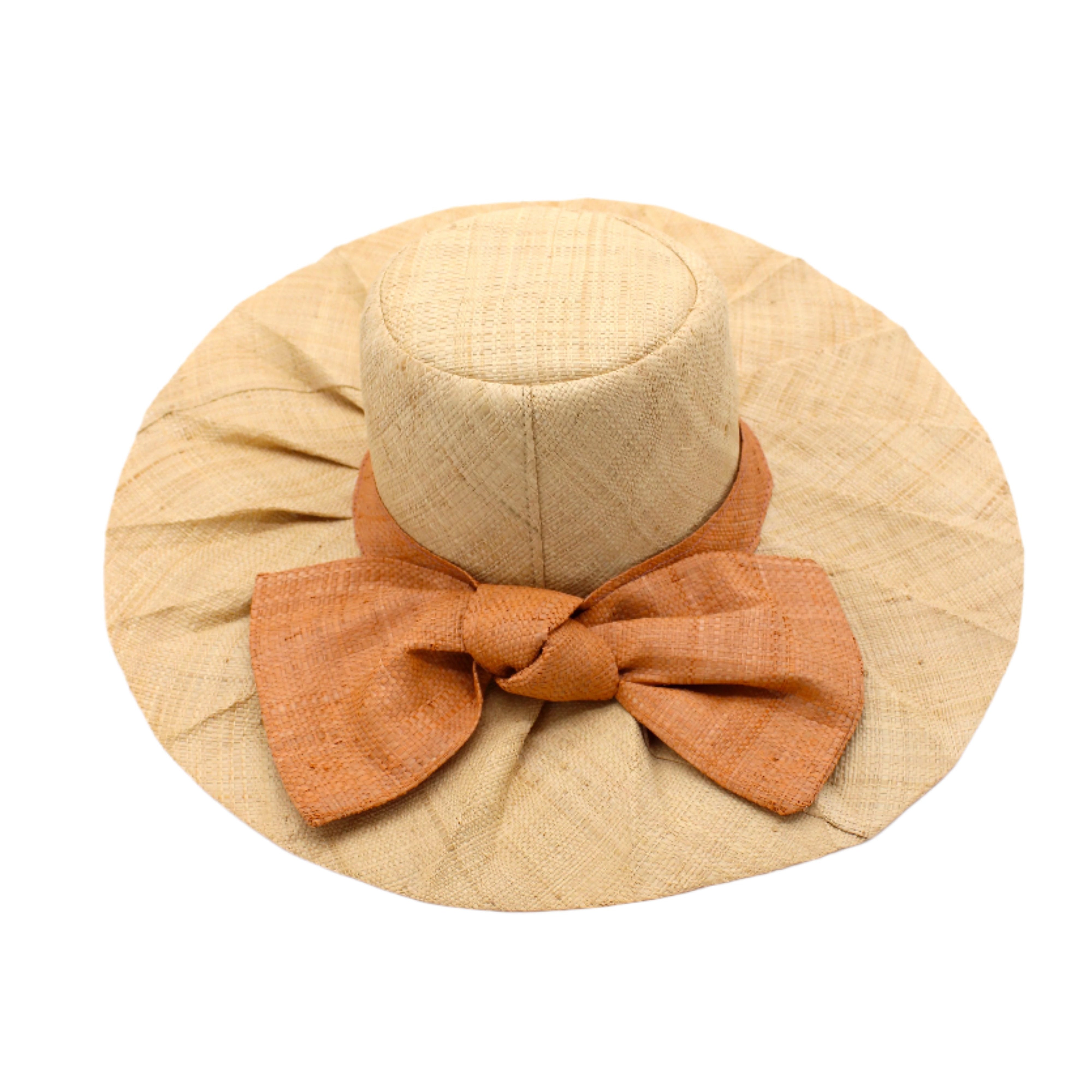 Lilly 5" Brim Fan Straw Sun Hat with Big Blush orange/pink bow and matching hatband on handmade natural loomed raffia pleated wide brim hat - Shebobo