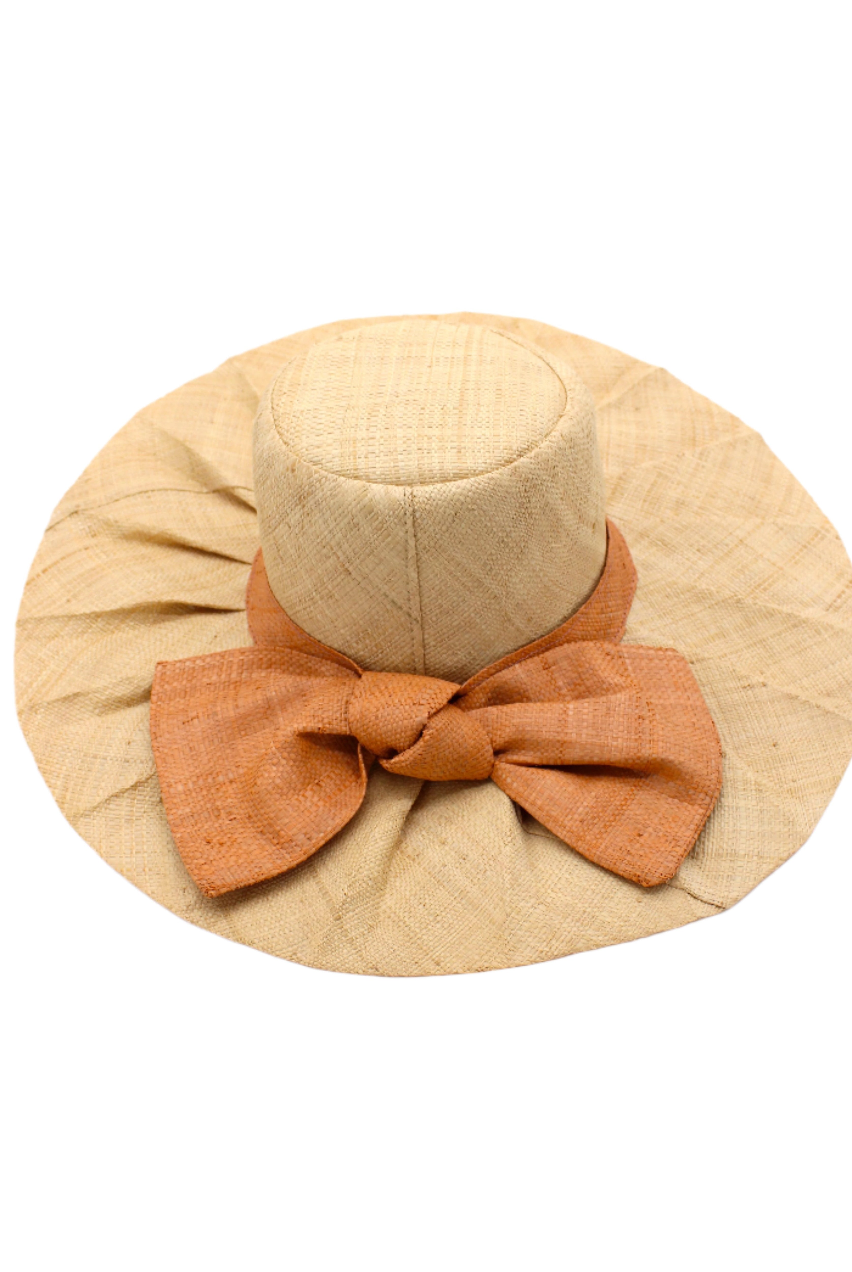 Lilly 5" Brim Fan Straw Sun Hat with Big Blush orange/pink bow and matching hatband on handmade natural loomed raffia pleated wide brim hat - Shebobo
