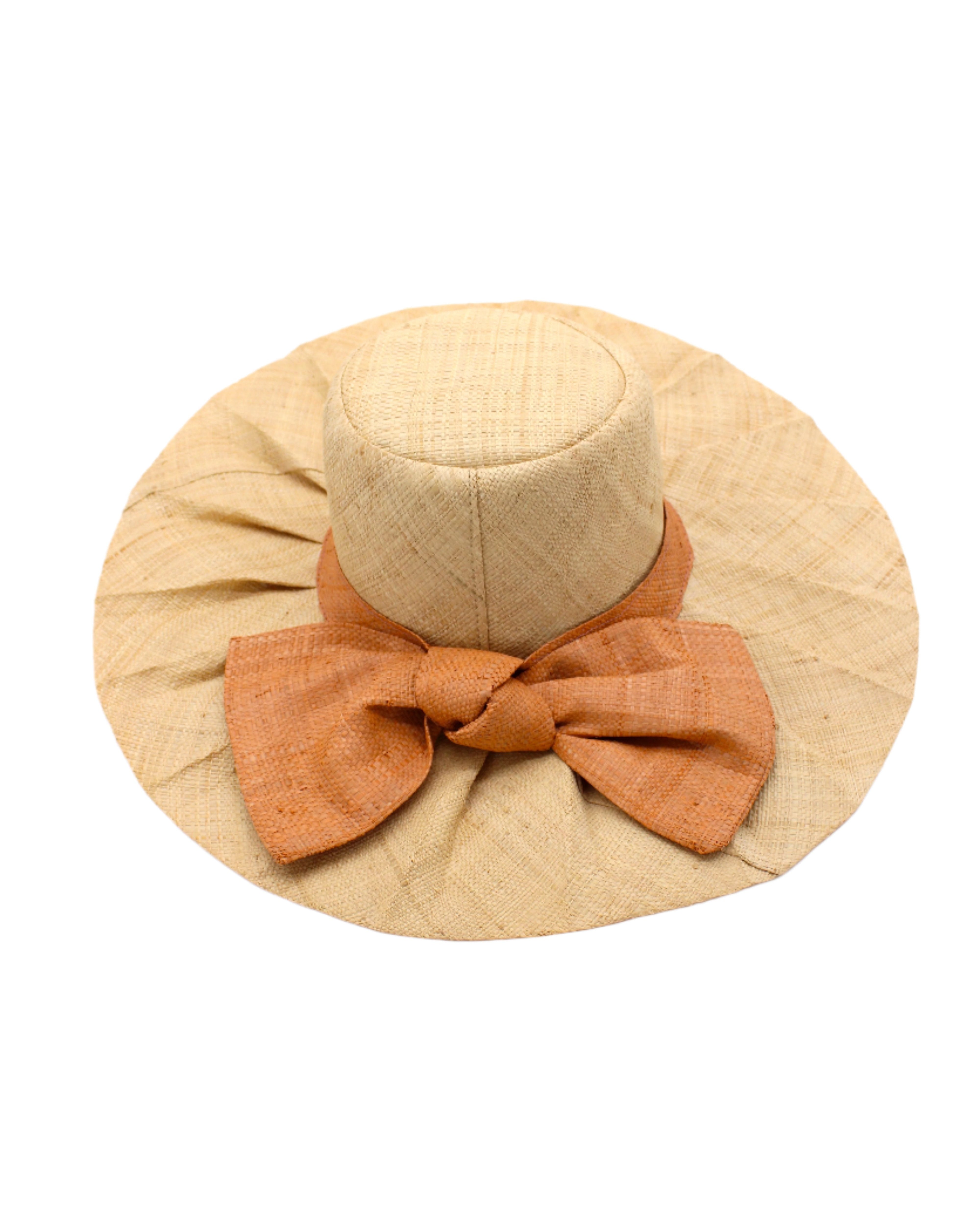 Lilly 5" Brim Fan Straw Sun Hat with Big Blush orange/pink bow and matching hatband on handmade natural loomed raffia pleated wide brim hat - Shebobo