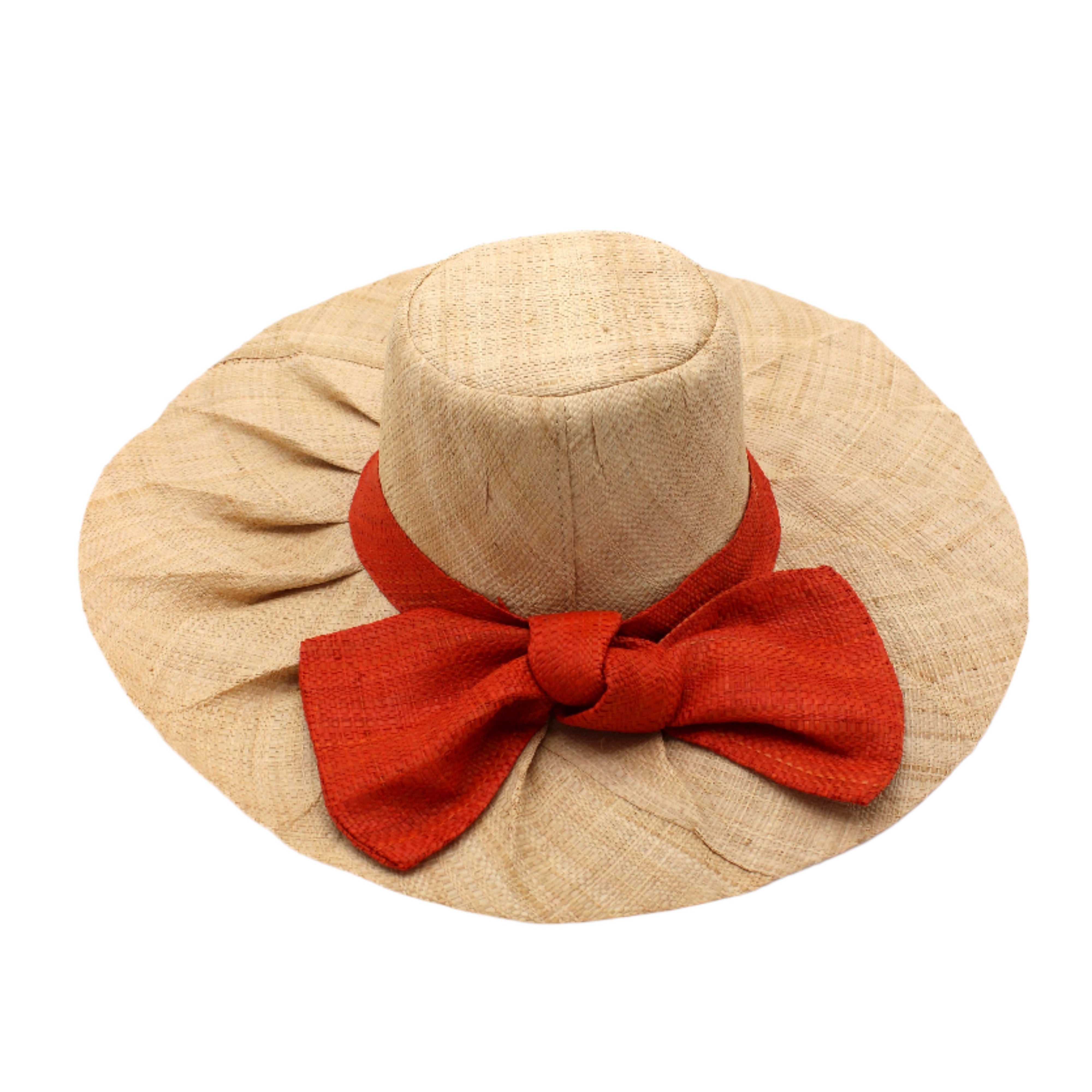 Lilly 5" Brim Fan Straw Sun Hat with Big Coral orange/red bow and matching hatband on handmade natural loomed raffia pleated wide brim hat - Shebobo